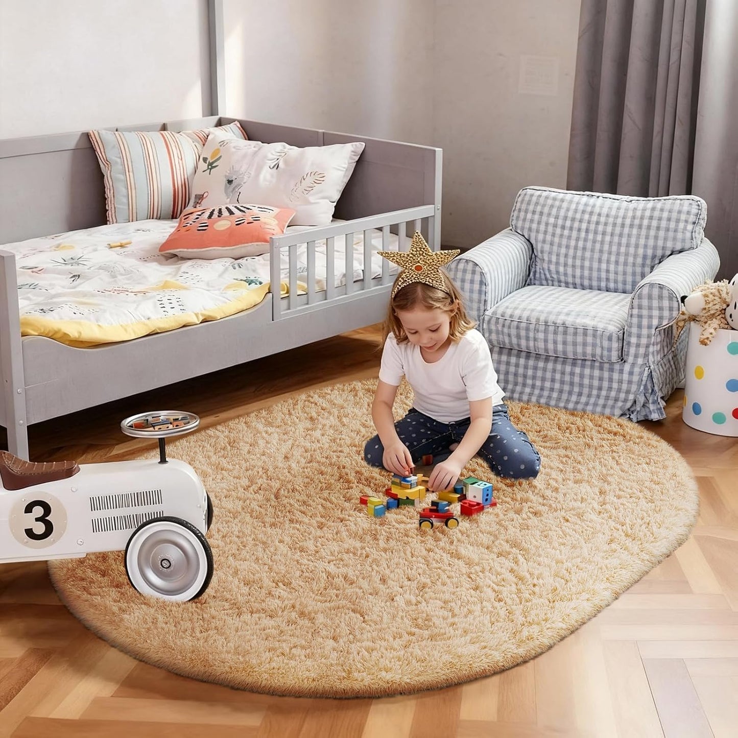 Ophanie 3x5 Oval Rug - Non-Slip Beige Area Rug for Bedroom | Fluffy Dorm Decor & Nursery Essentials