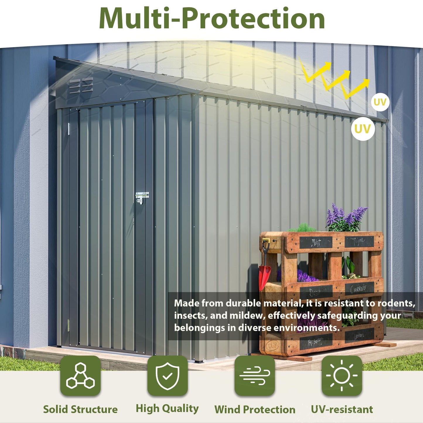 YOPTO 4×7 FT Outdoor Metal Storage Shed,Heavy-Duty Lean to Storage Shed with Lockable Door and Reinforced Beams,All Weather Waterproof Storage House W/2 Air Vents,for Backyard,Patio,Lawn,Gray