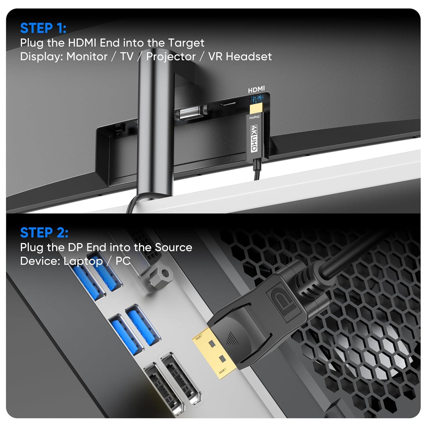 4K 6ft: 2-Pack 4K@30HZ 2K@120HZ 1080P Displayport to HDMI Cable Uni-Directional DP to HDMI Cord HDR - Gold-Plated Male