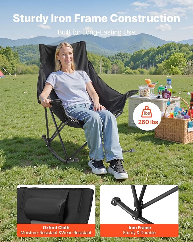 VEVOR Rocking Camping Chair, Portable Folding Rocker, Heavy-Duty Lawn Chair Recliner with Cupholder & Pocket, Supports 225lbs, Fully Padded Camp Chairs for Outdoor Patio Backyard Porch Garden