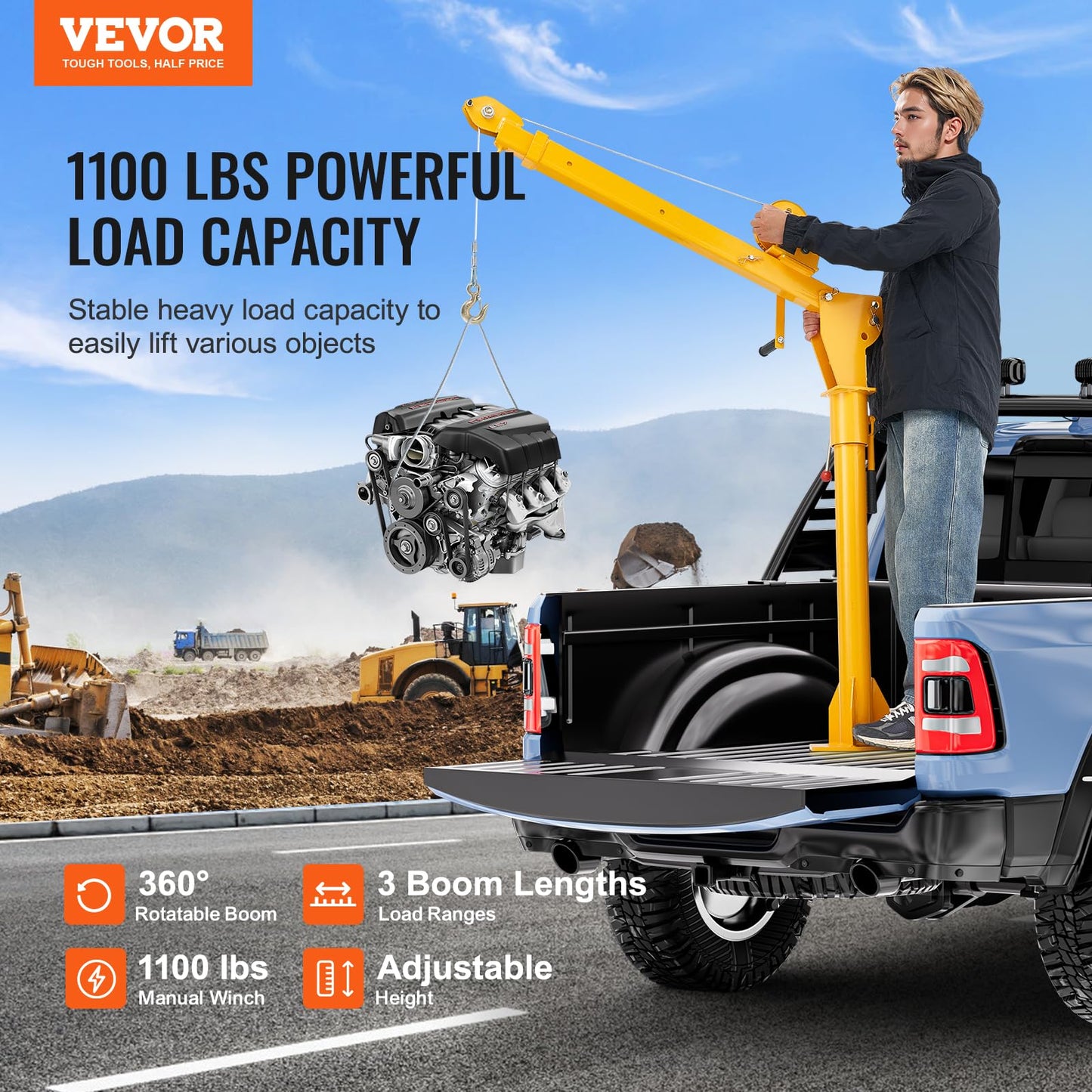 VEVOR Pickup Truck Crane with 1100 lbs Manual Winch, Folding Truck-Mounted Bed Crane, Steel Pickup Truck Jib Crane Hoist 360° Swivel for Lifting Goods in Construction, Factory