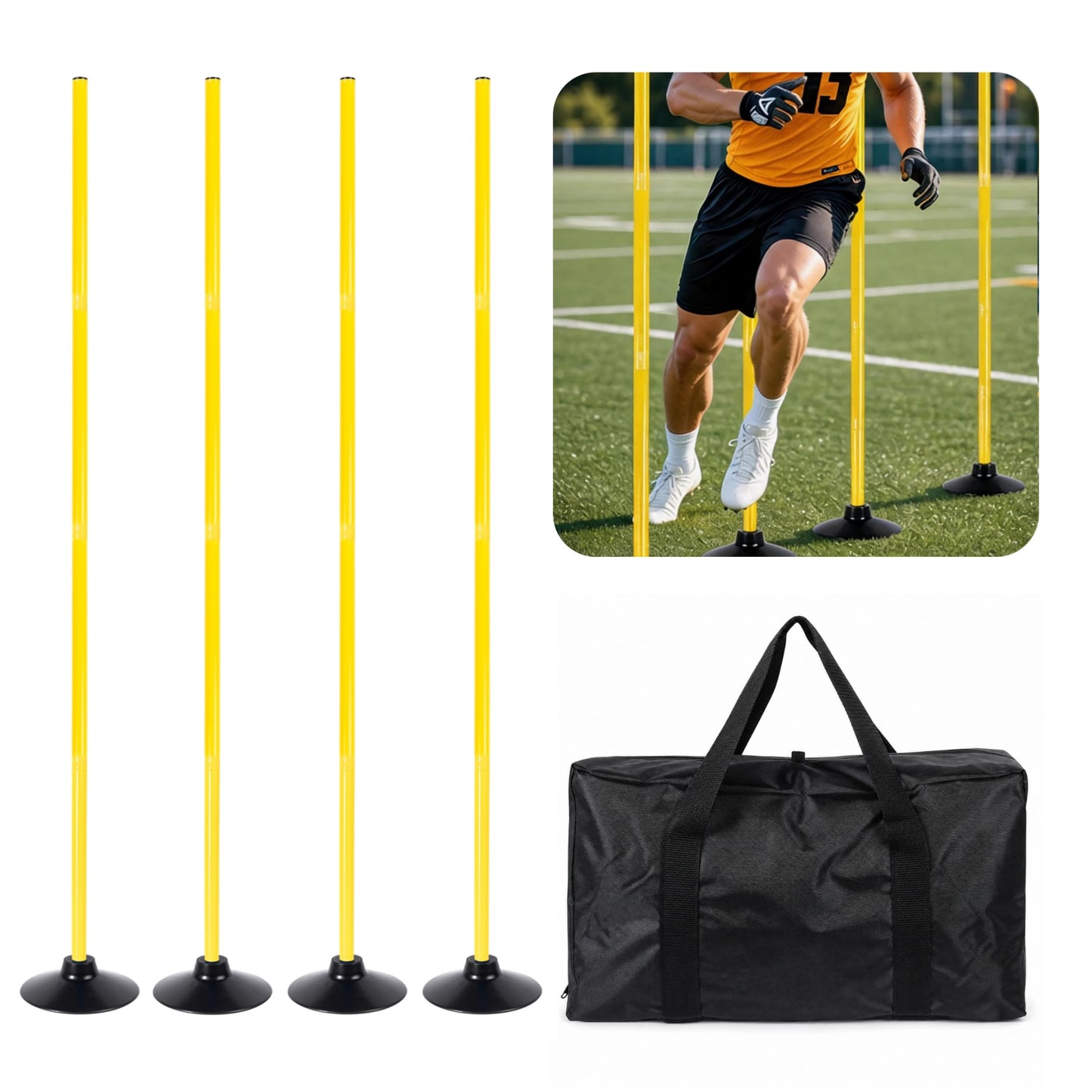 4 Pack Soccer Agility Training Poles, 5 FT Adjustable Speed and Agility Training Equipment for Football/Basketball/ Dog Practice, Bending Poles for Horses with Rubber Bases and Carry Bag (Yellow)