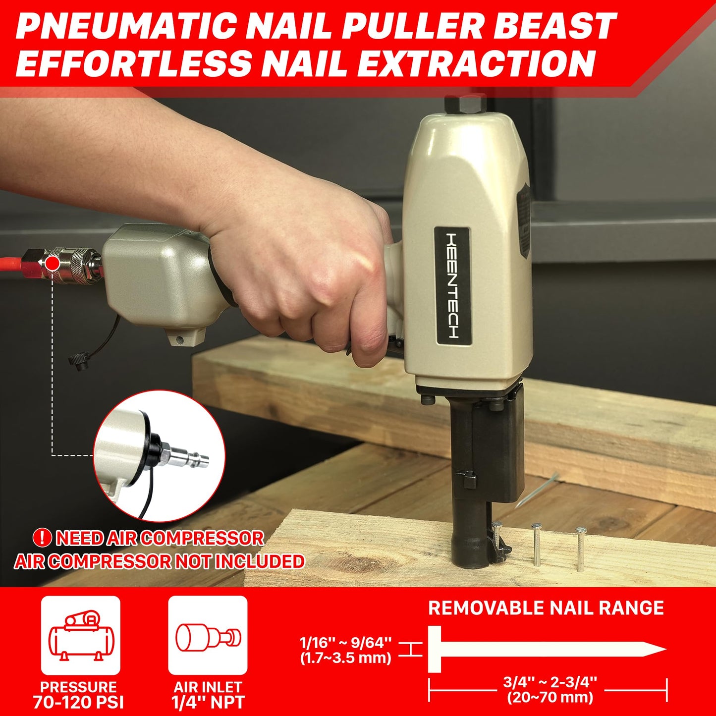 KEENTECH Pneumatic Nail Puller, Fast & Labor-Saving Nail Remover Tool, Denailer Air Gun With Safety Trigger, Nail Puller Tool Effortlessly Removes 3/4"-2-3/4" Nail From Recycled Wood, Pallets, Fences