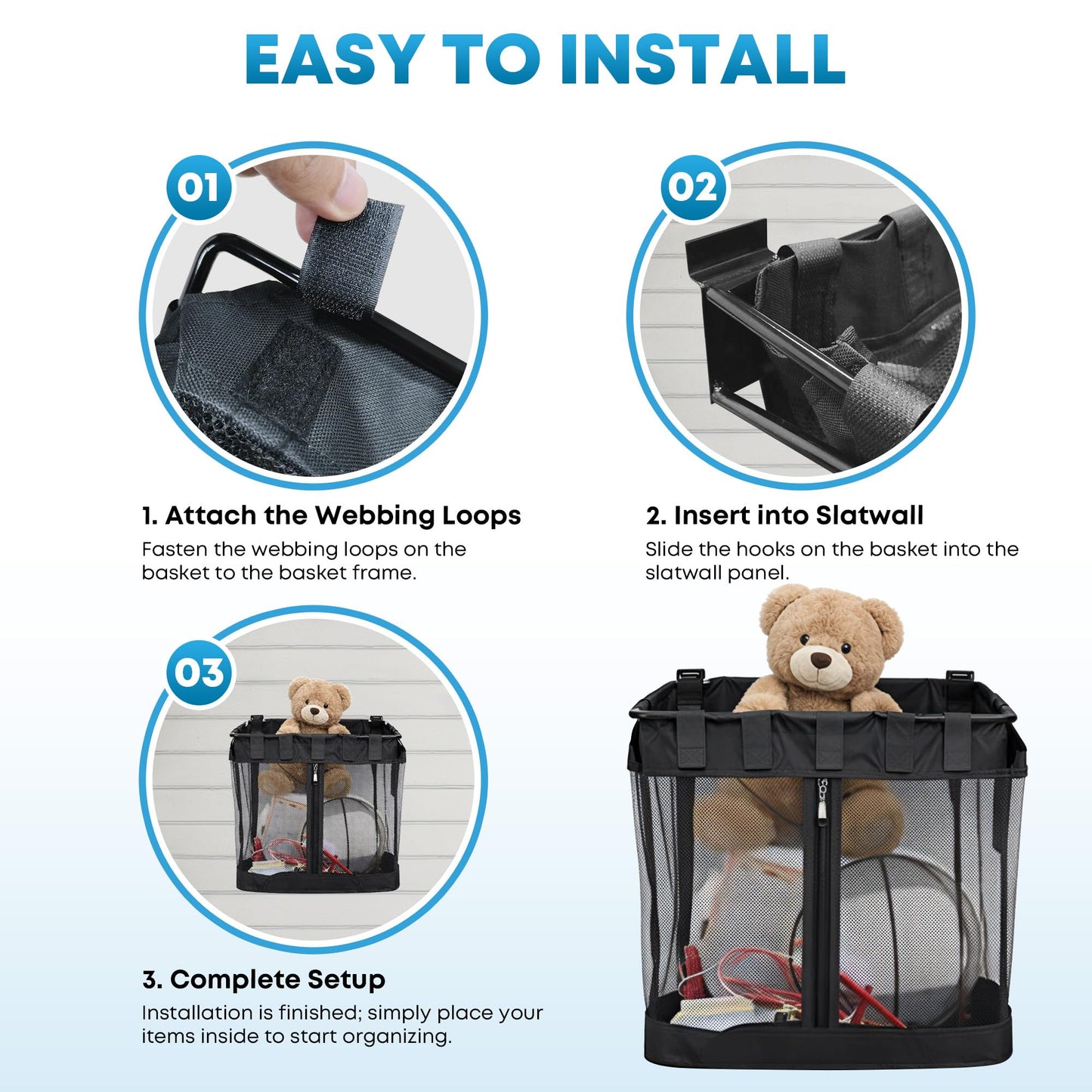 NUMAKY 10PCS Slatwall Accessories Kit, Includes 2 Large Mesh Slatwall Baskets with Zipper & 8 Heavy Duty Multifunctional Hooks, for Sports Equipment, Tools & Garage Organization
