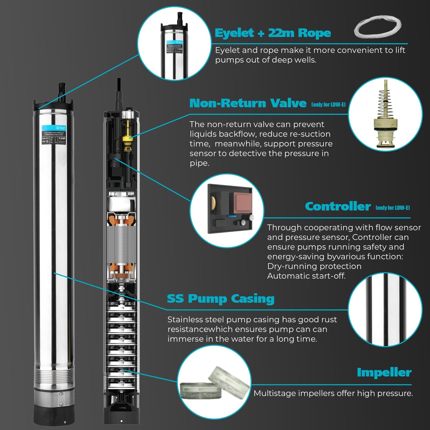LEO 1.5HP Well Pumps Automatic ON/OFF, 2200GPH 170FT, 72.2FT Power Cord, Stainless Steel Submersible Deep Well Pump, High Pressure Water Pump for Home, Irrigation Garden Use