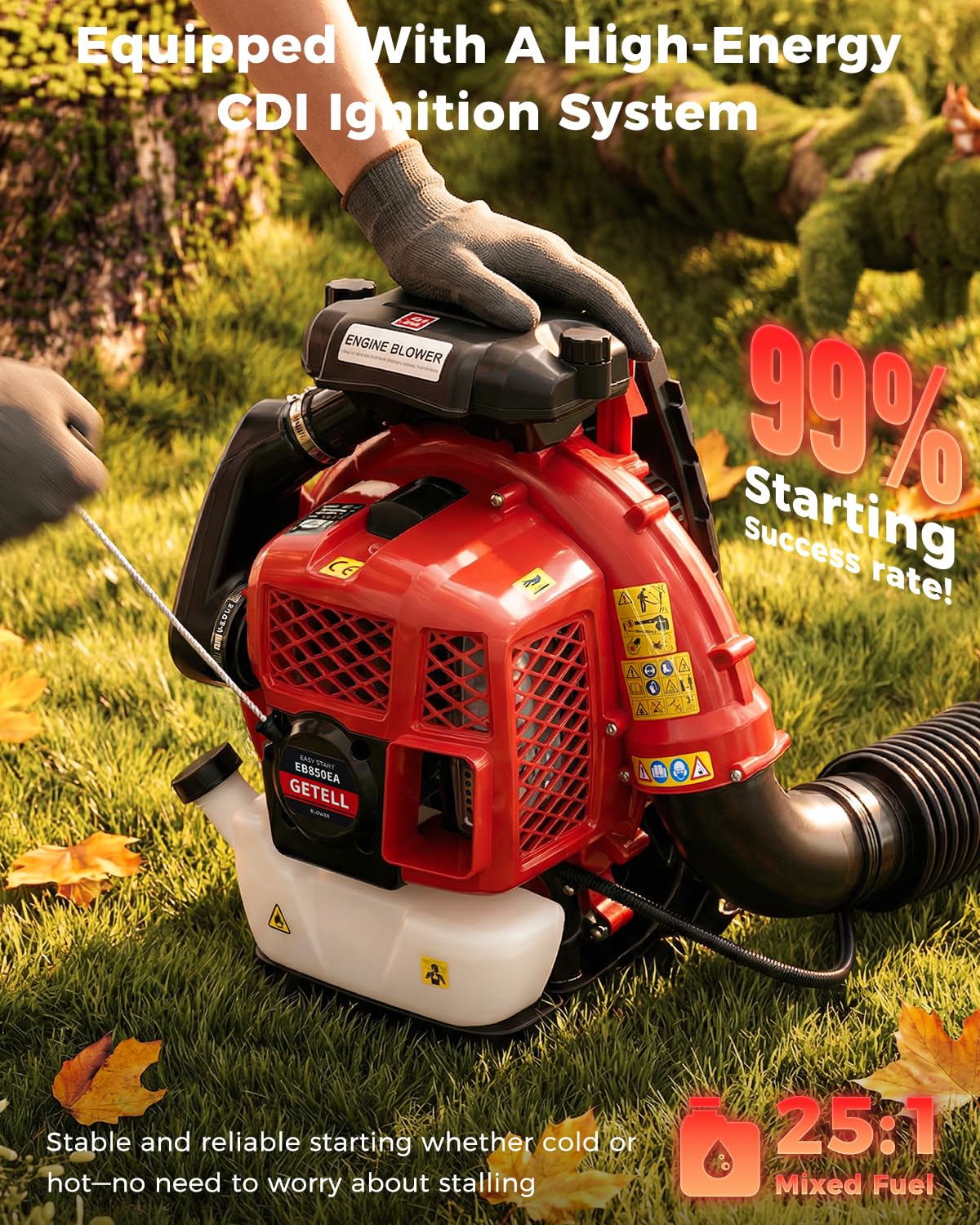 Getell 80cc Gas Backpack Leaf Blower, 900CFM 206MPH 2-Stroke Engine, Heavy-Duty Leaf & Snow Blower for Lawn, Garden & Commercial Use (Red)