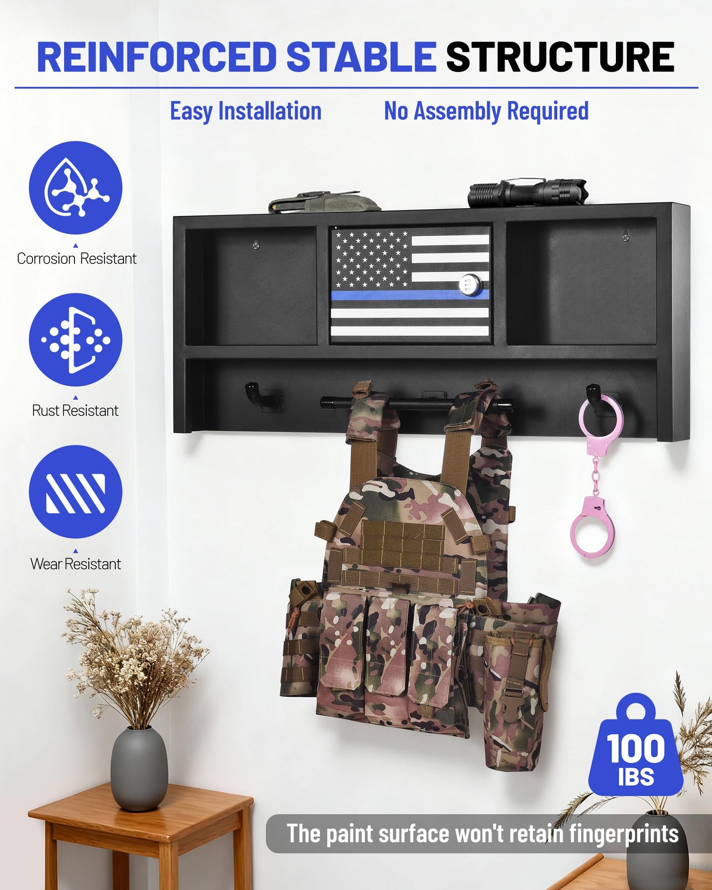 AUFUNIU Police Gear Organizer Rack - Heavy Duty Metal Tactical Equipment Storage Stand with Lock, Wall Mount Hooks for Body Armor Vest, Duty Belt & Helmet (Law Enforcement/Military)