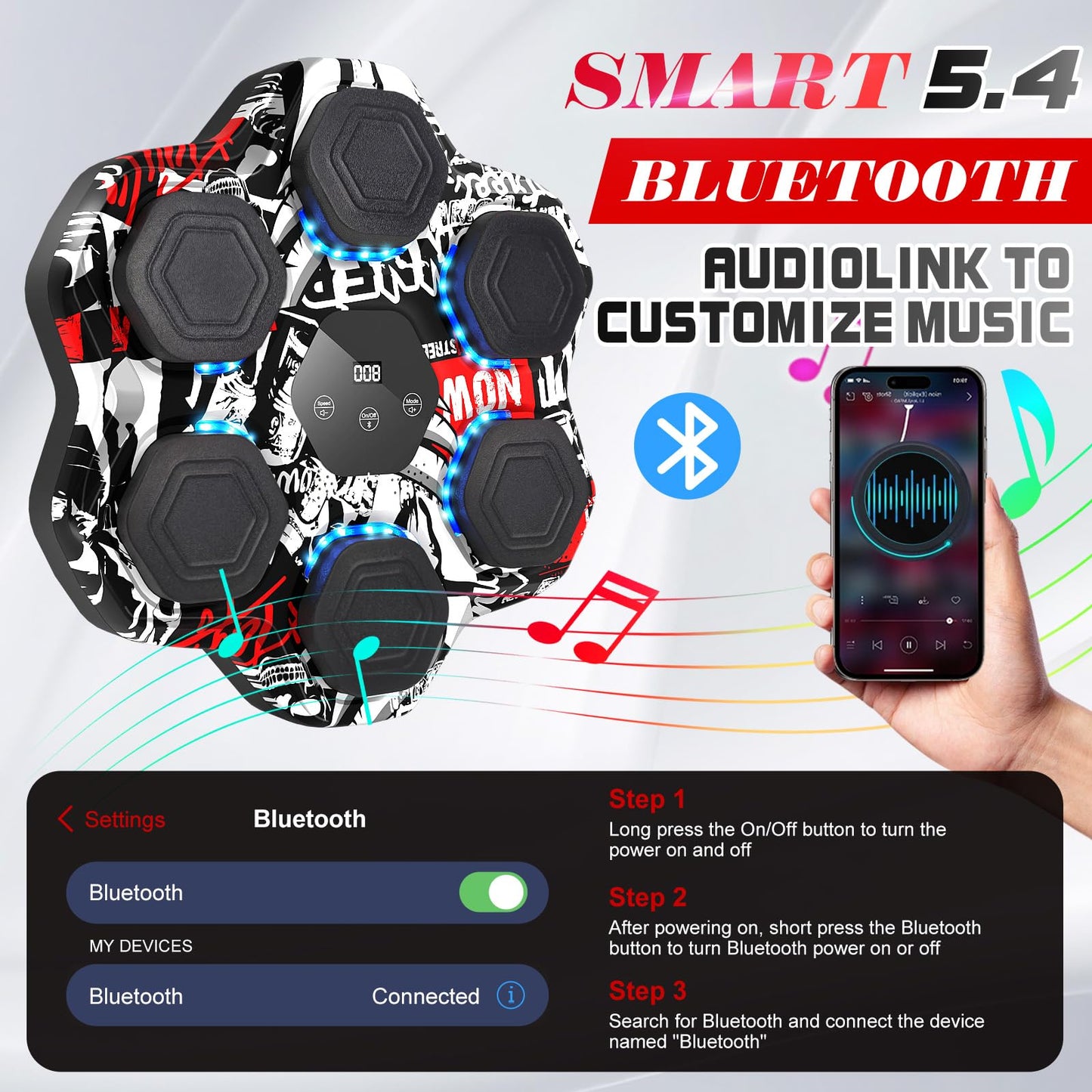 Music Boxing Machine, Smart Bluetooth Boxing Machine with Gloves, Wall Mounted Electronic Punching Machine for Adults Kids, 9 Modes 9 Speeds, LED Counting for Home Gym, Stress Relief Gift