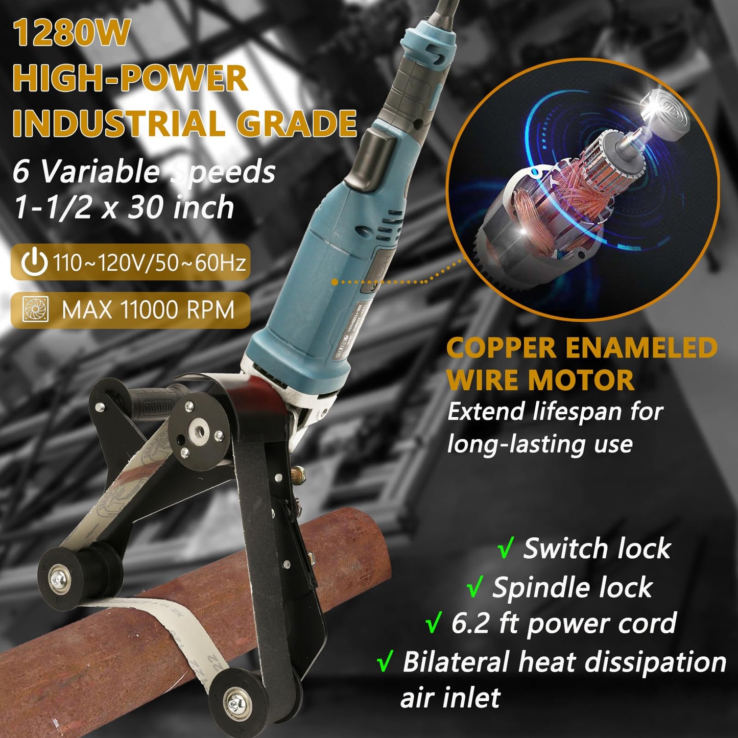 Pipe Belt Sander - 1280W Industrial Grade Pipe Tube Polishing Sandingwith 6 Variable Speeds,Suitable for Polishing Various Circular Pipe Materials,Woodworking and Metal Rust Removal(45Pcs Belts).
