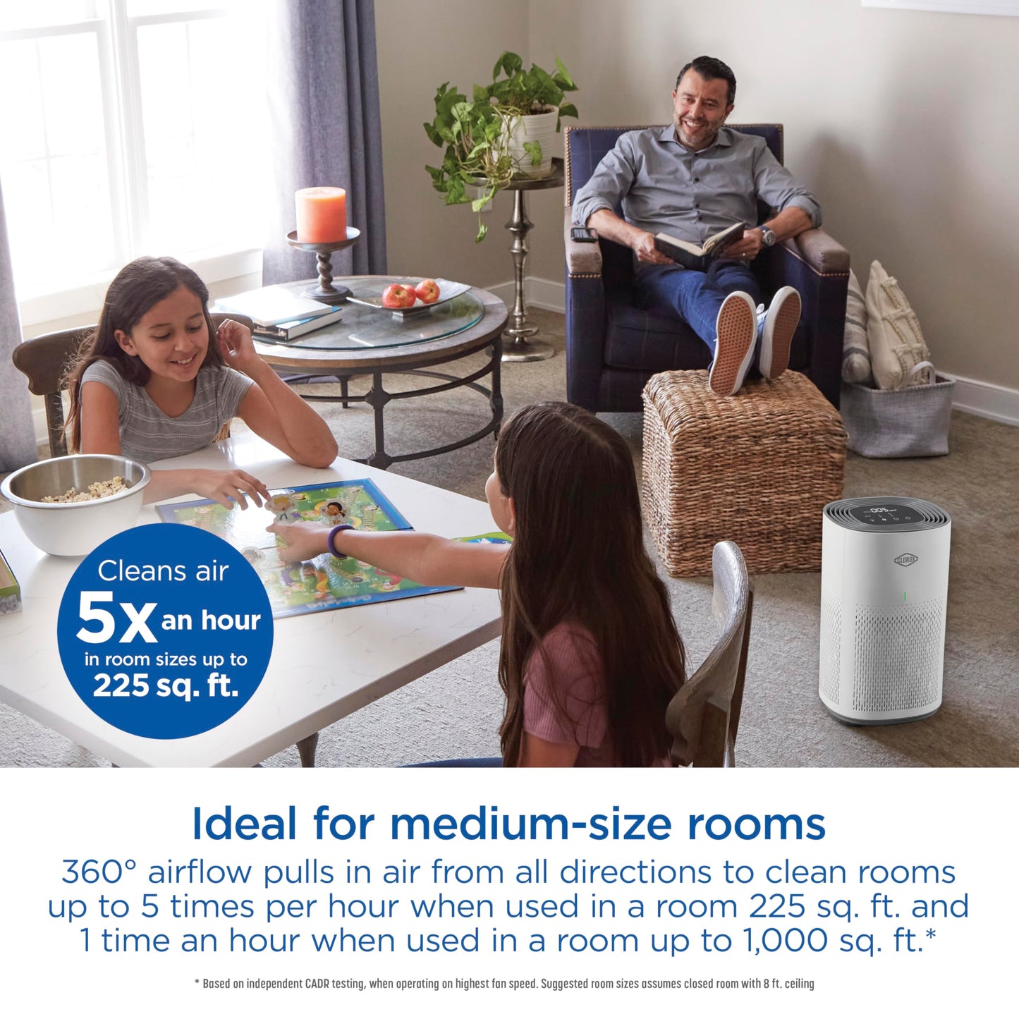 Clorox HEPA Air Purifiers for Home, True HEPA Filter, Medium Rooms Up to 1,000 Sq Ft, Removes 99.9% of Mold, Viruses, Wildfire Smoke, Allergens, Pet Allergies, Dust, AUTO Mode, Whisper Quiet