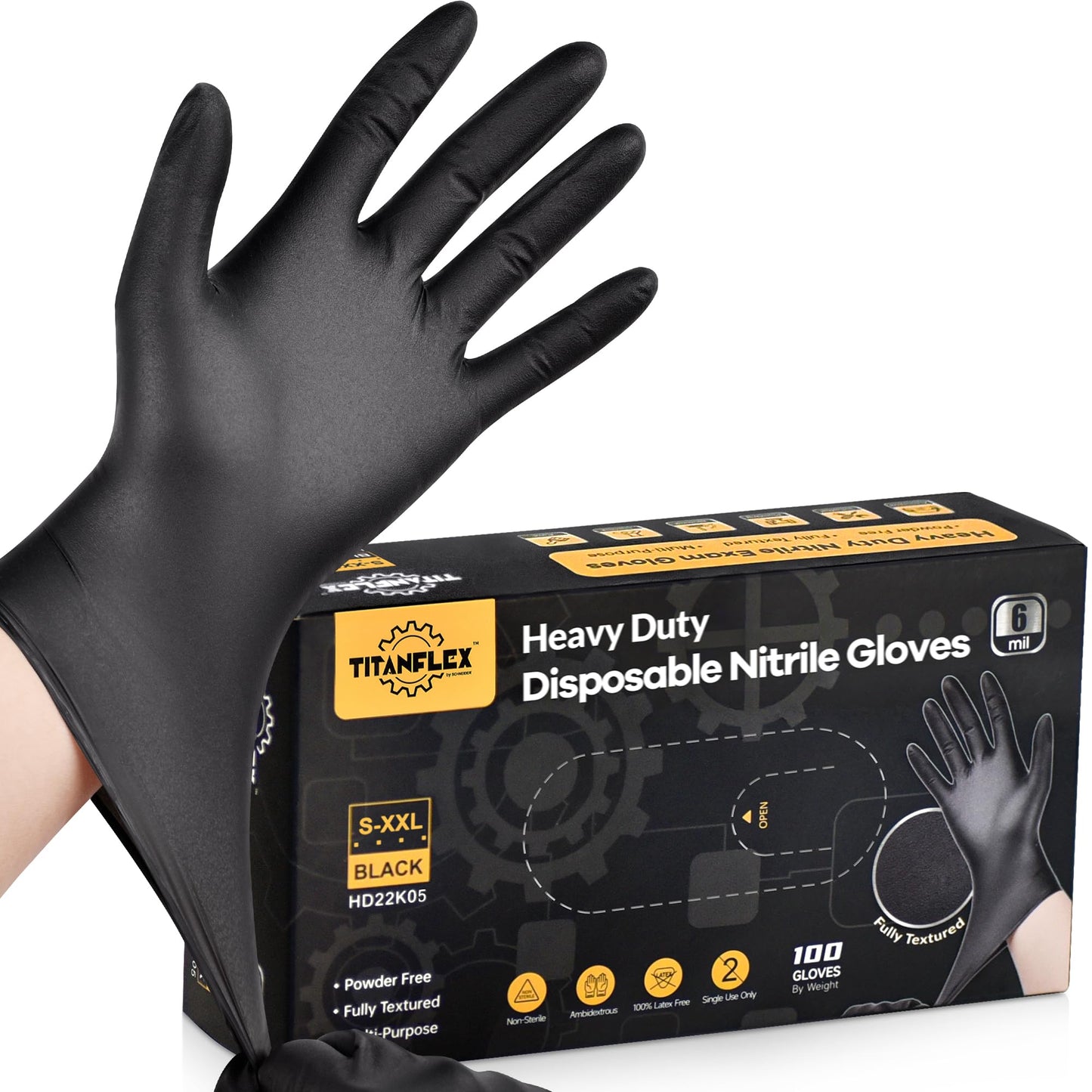 TitanFlex Heavy Duty Black Nitrile Gloves, 6-mil, Fully Textured, Large 100-ct Box, Mechanic Disposable Gloves, Work Gloves, Latex Free, Powder Free, Rubber Gloves for Food Prep