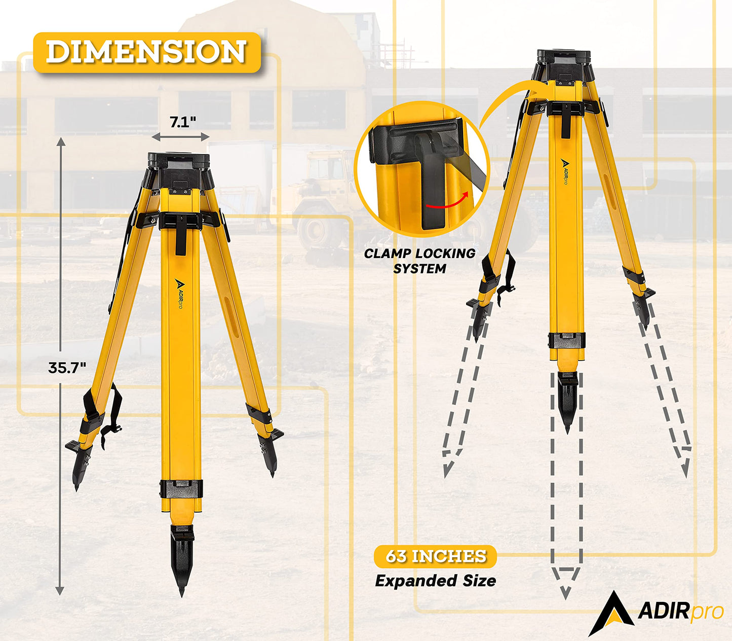 AdirPro Universal Survey Tripod – Wood/Fiberglass Laser Level – Transit Level - Quick Clamp - Heavy Duty Contractor