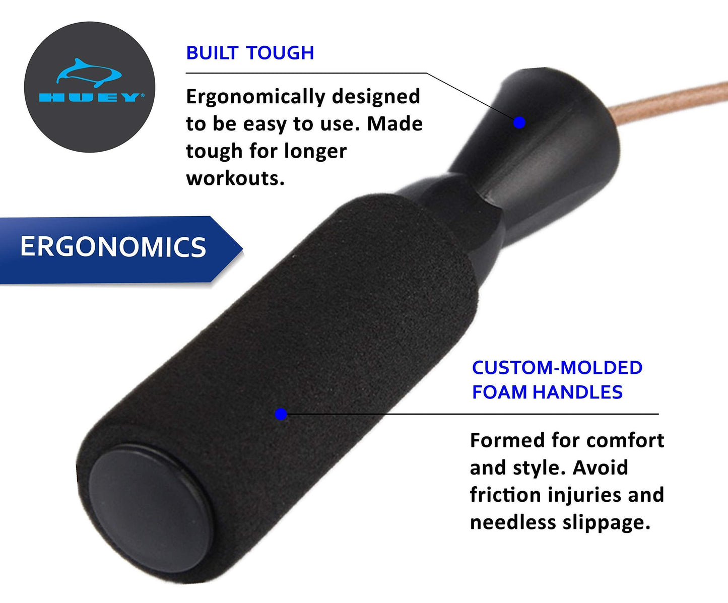 HUEY Sport Leather Jump Rope Skipping Rope for Speed Quiet Training Boxing MMA Cardio Crossfit Fitness Workout Indoor and Outside Exercise for Adult Kids Men and Women (5.5 oz)