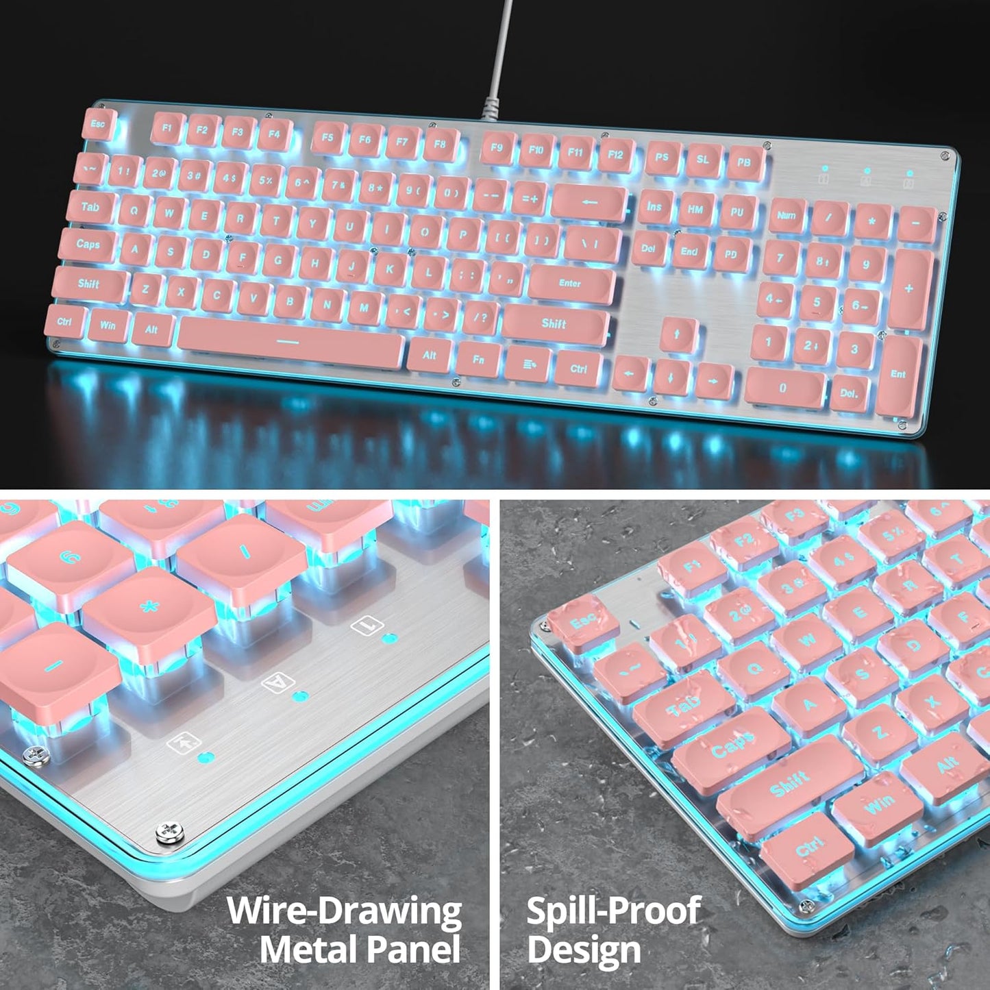 SbocKeeb 104-Key Retro Punk Keyboard - Full Size Typewriter Pink Keyboard with Square Keycap and LED Blue Backlight