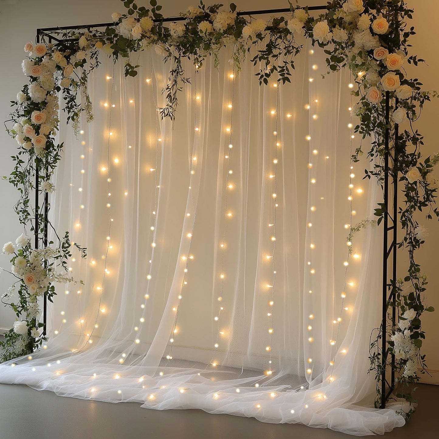 EMHOLDBU 10x8ft (2 White Tulle Backdrop Curtain with Lights String Sheer Drapes for Wedding, Birthday, Baby Shower