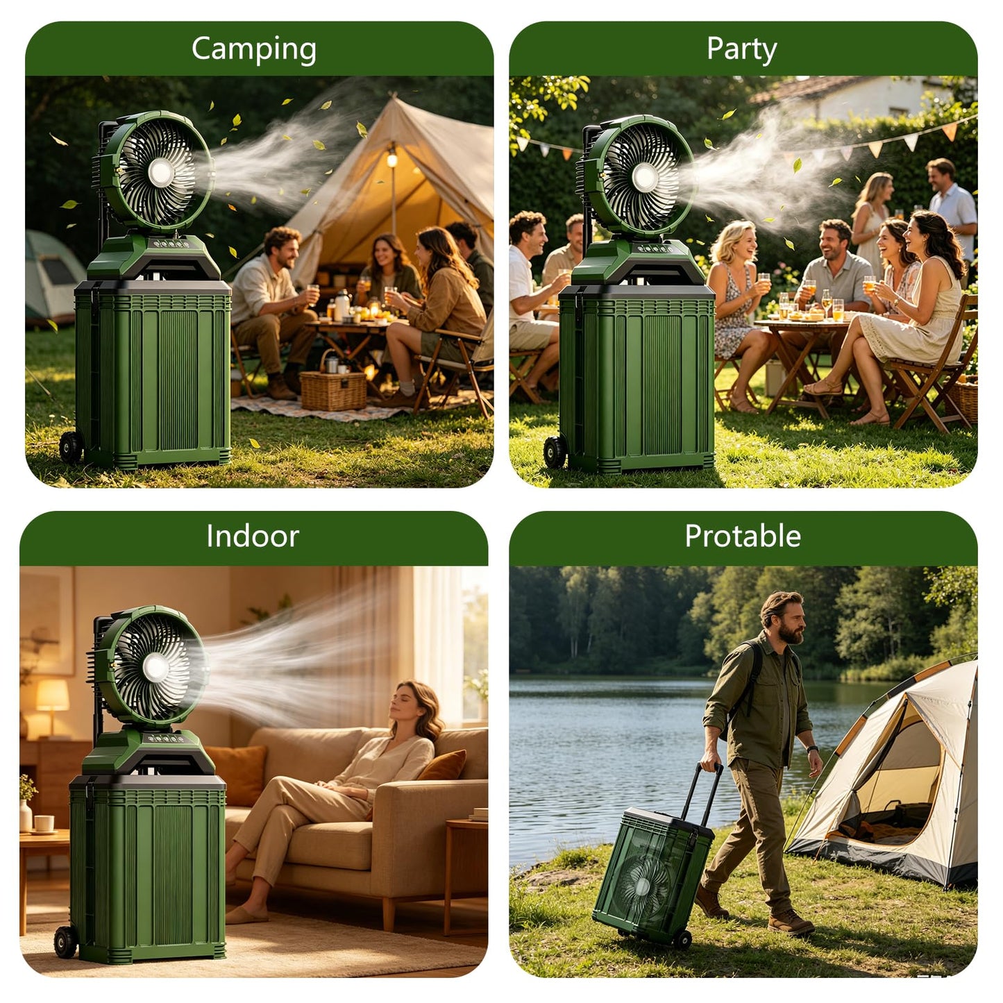 Veubew Portable Misting Fan with 30L Bucket, 30000mAh Rechargeable Battery Powered, 12Hrs Mist Rechargeable Fans, 4 Strong Winds, 4 Spray Mister, 3 Lighting Settings for Outdoor, Camping, Patios