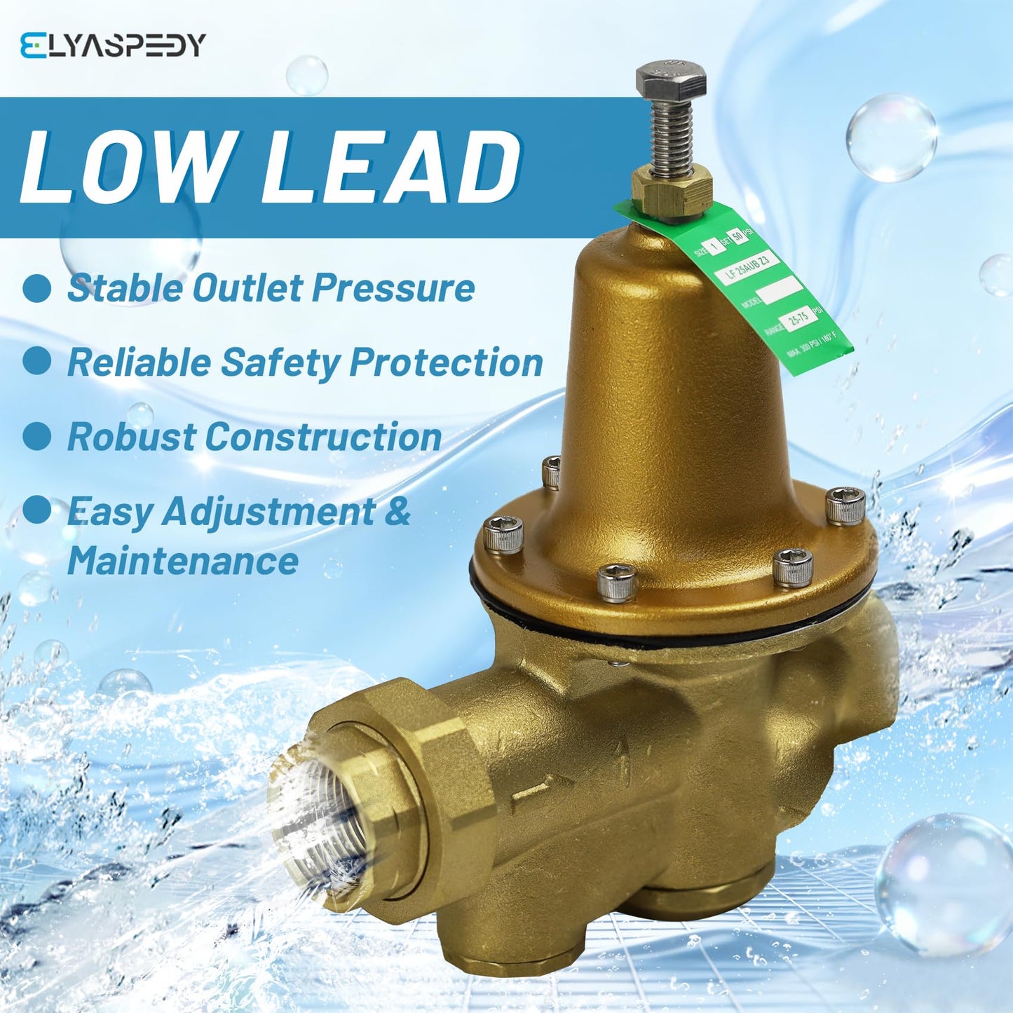 Upgraded LF25AUB-Z3 1" Water Pressure Reducing Valve, NPT Female Union x NPT Female Outlet, Adjustable 25-75 PSI, Maximum 300 psi, Polymer Seat