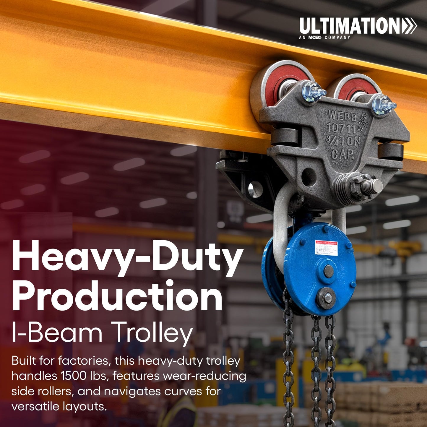 Jervis Webb Beam Trolley With Side Guide Rollers. Heavy Duty 3/4 Ton 1,500 Pounds Capacity. Industrial Grade Conveyor Trolley for I-Beams and Chain Hoists
