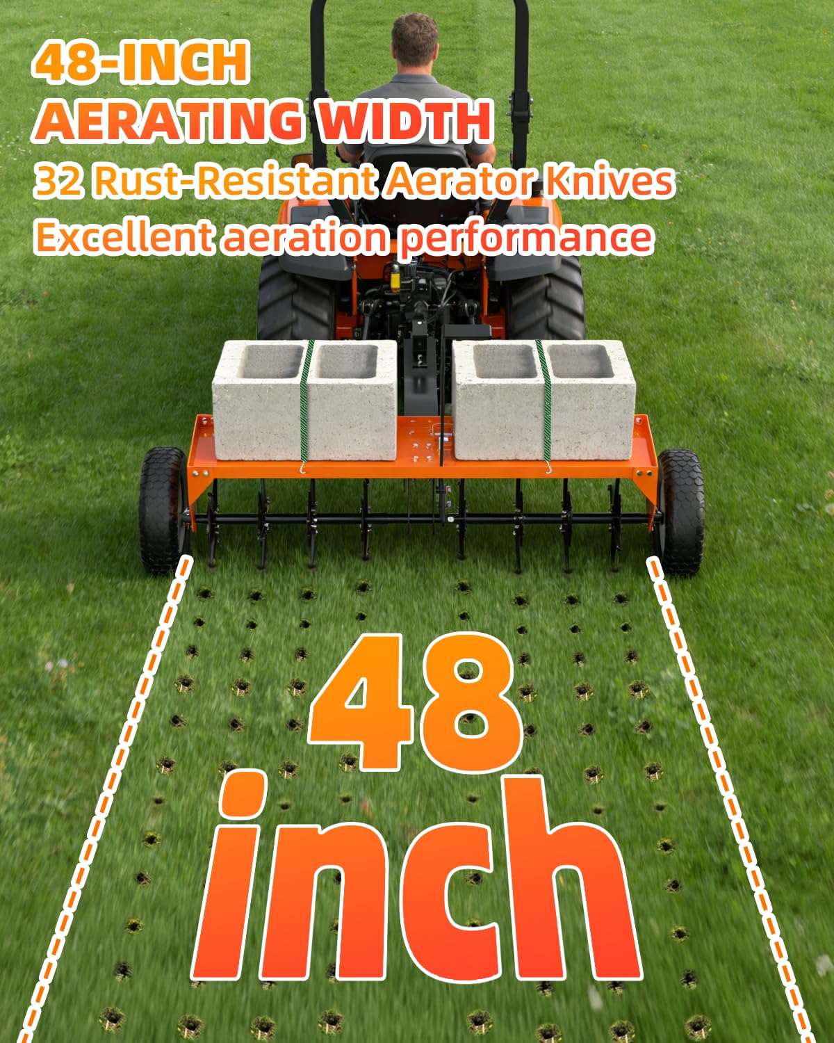 48" Tow Behind Aerator, Pull Behind Lawn Aerator Tool with Universal Hich, 32 Rust-Proof Knives & Heavy-Duty Tires, Plug Aerator for Yard & Garden Compacted Soil, Fits Lawn Tractors, ATV, UTV, Orange