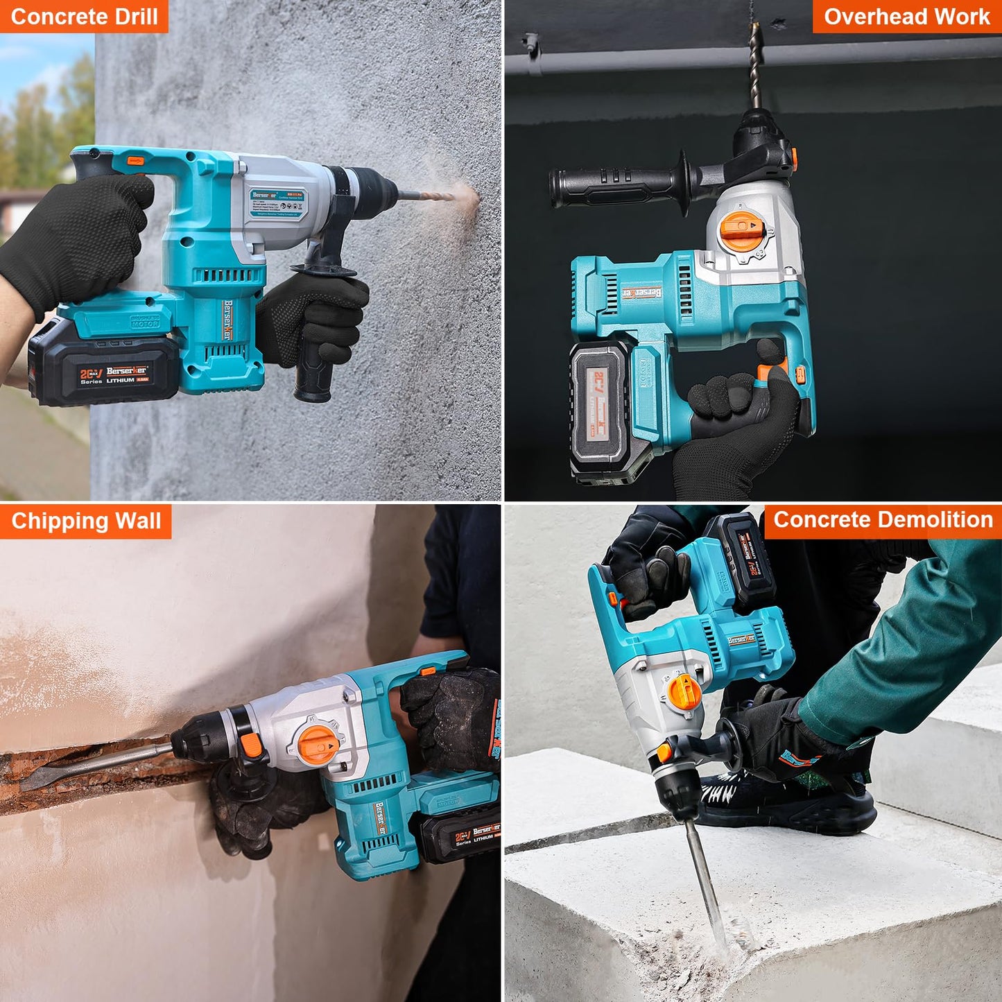 Berserker 1-1/8" Cordless Rotary Hammer Drill 2X4.0Ah Battery with 3 in. SDS Plus Scaling Chisel