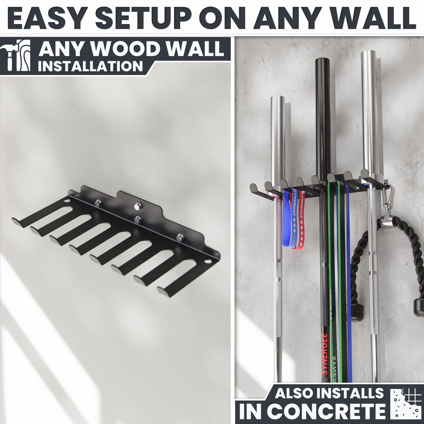 Synergee Wall Mounted Barbell Holder & Gym Accessory Rack Heavy Duty Steel 7 Bracket