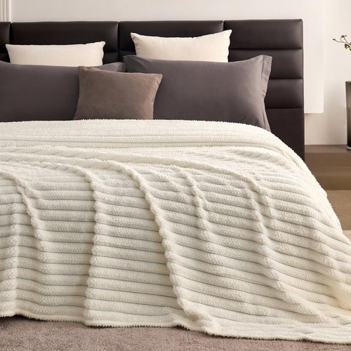 KORBLISS Super Soft Queen Blanket for Bed, Premium Silky Flannel Fleece with 3D Jacquard Wheat Decorative, Lightweight and Cozy for Living Room, and All-Season Use, 90x90 Inches.Ivory