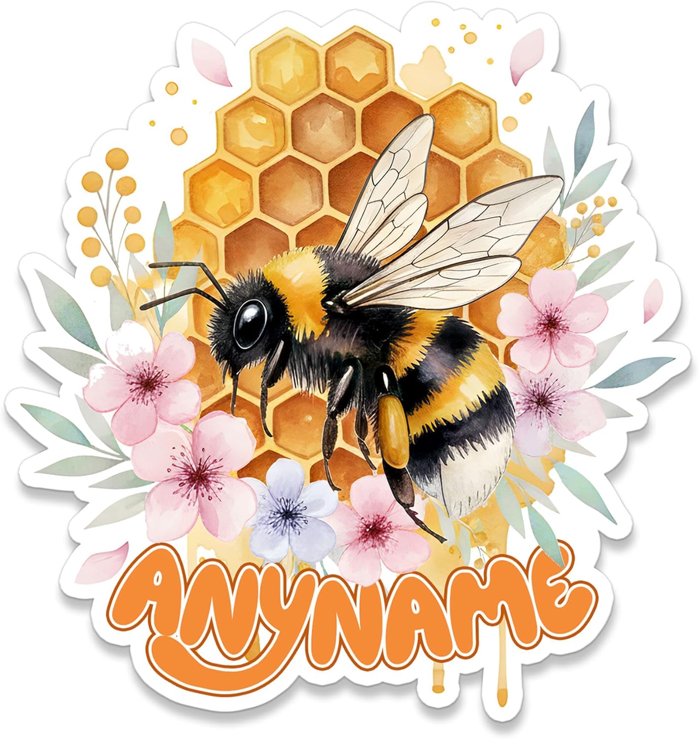 Custom Bee Name Sticker Personalized Text Floral Honeybee Honeycomb Flower Nature Animal Lovers Waterproof Vinyl
