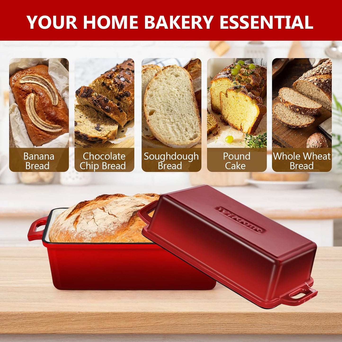 Wildone Enameled Cast Iron Bread Loaf Pan - 9x5 Sourdough Baking Set with Lid, Red, Even Heating