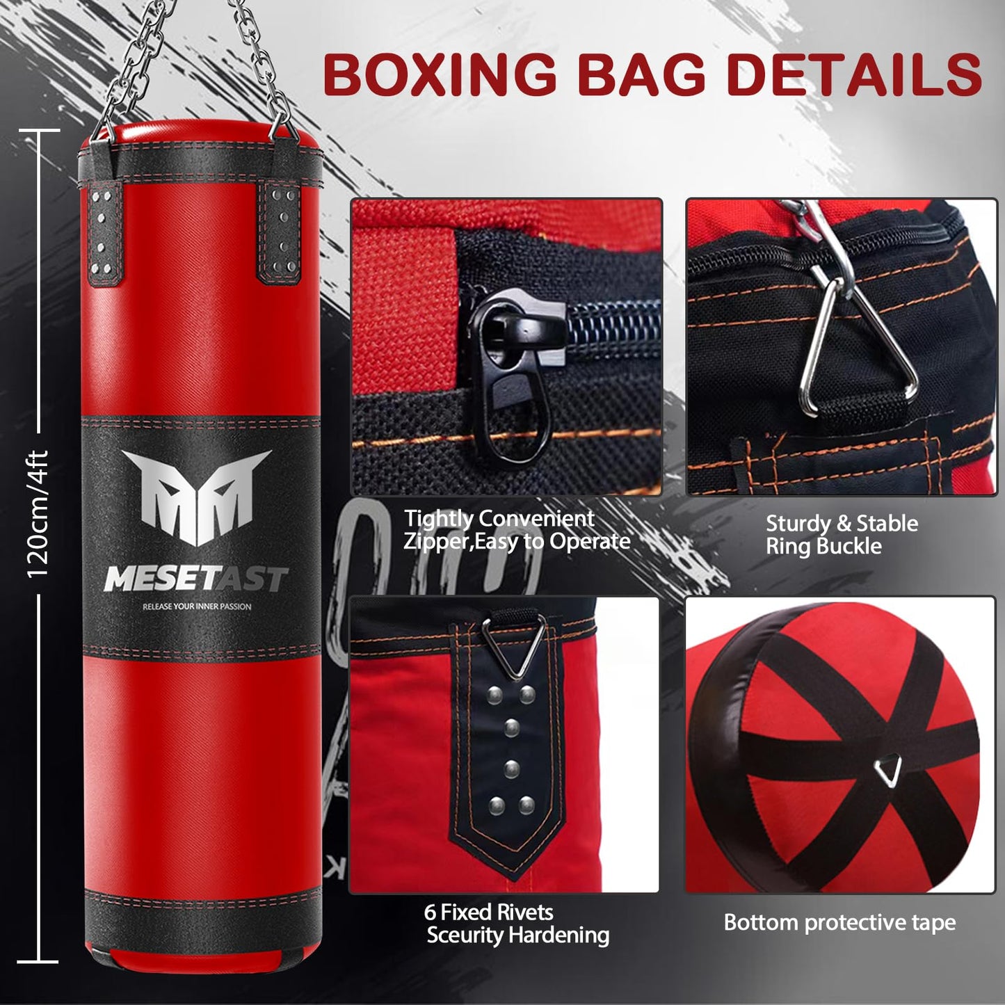 Mesetast Punching Bag for Adults, 4ft Heavy Boxing Bag Set with 12 OZ Gloves for MMA Karate Kickboxing Boxing - Unfilled
