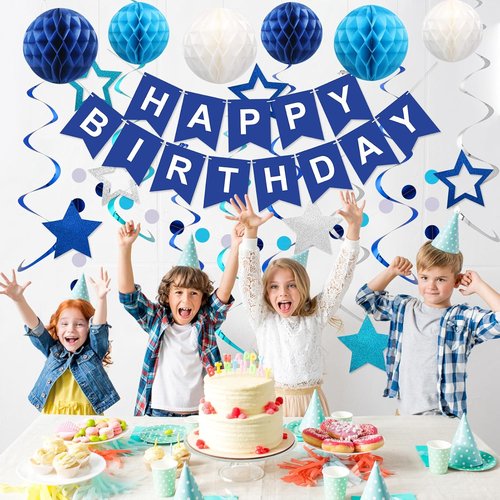 Meowtastic Birthday Decorations - Happy Birthday Banner with Honeycomb Balls & Stars | Blue Party Decor