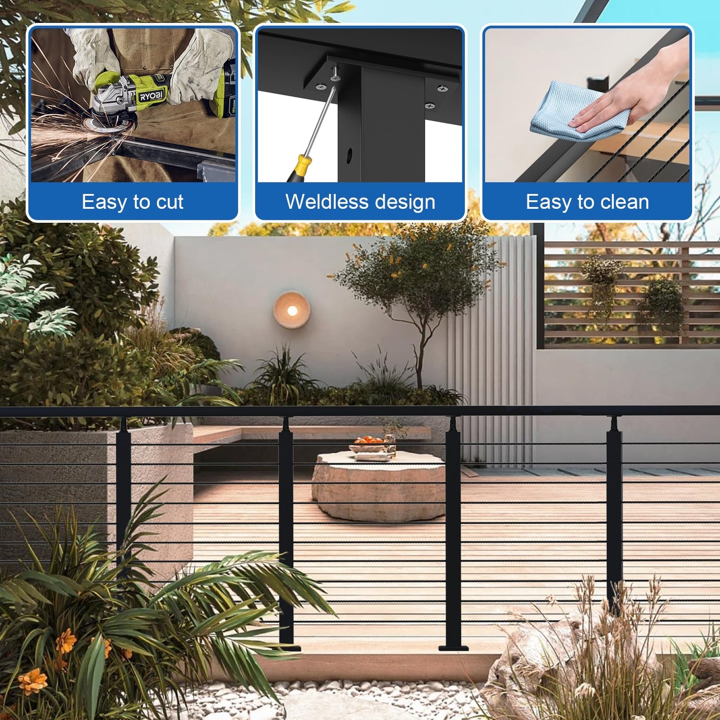 BLIKA 8FT Stainless Steel Cable Railing Handrail, Black Rectangular Handrail Flat Top Rail with End Caps for Deck Stair Cable Railing System, Deck Hand Rails for Indoor/Outdoor, BL01-T