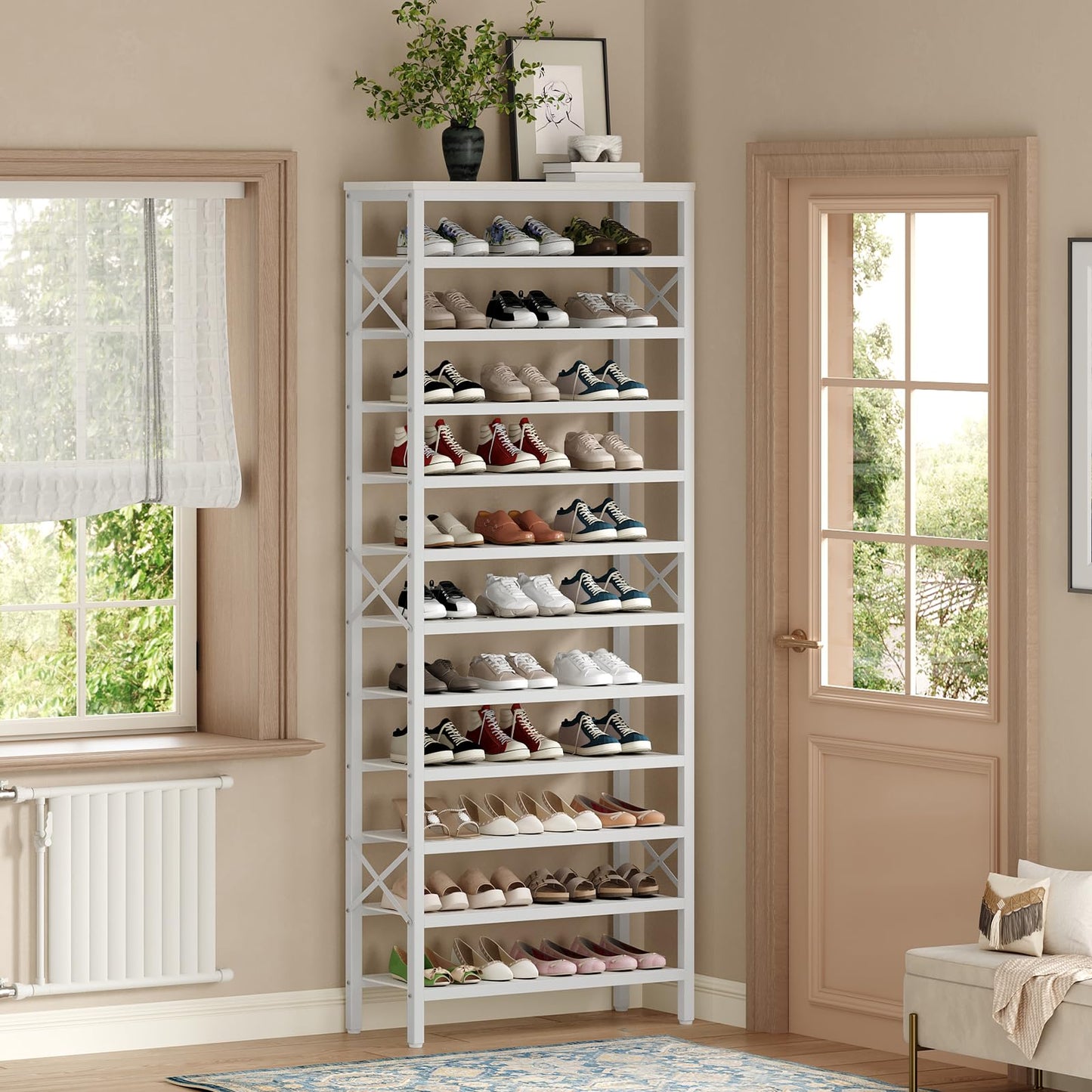 YATINEY 10-Tier Tall Shoe Rack and 12-Tier Tall Shoe Rack Organizer, Wooden Shoe Storage for Closet Holds 48 Pairs, Sturdy Shoe Shelf with X-Shaped Metal Support, for Entryway SS210BR-SS212WW