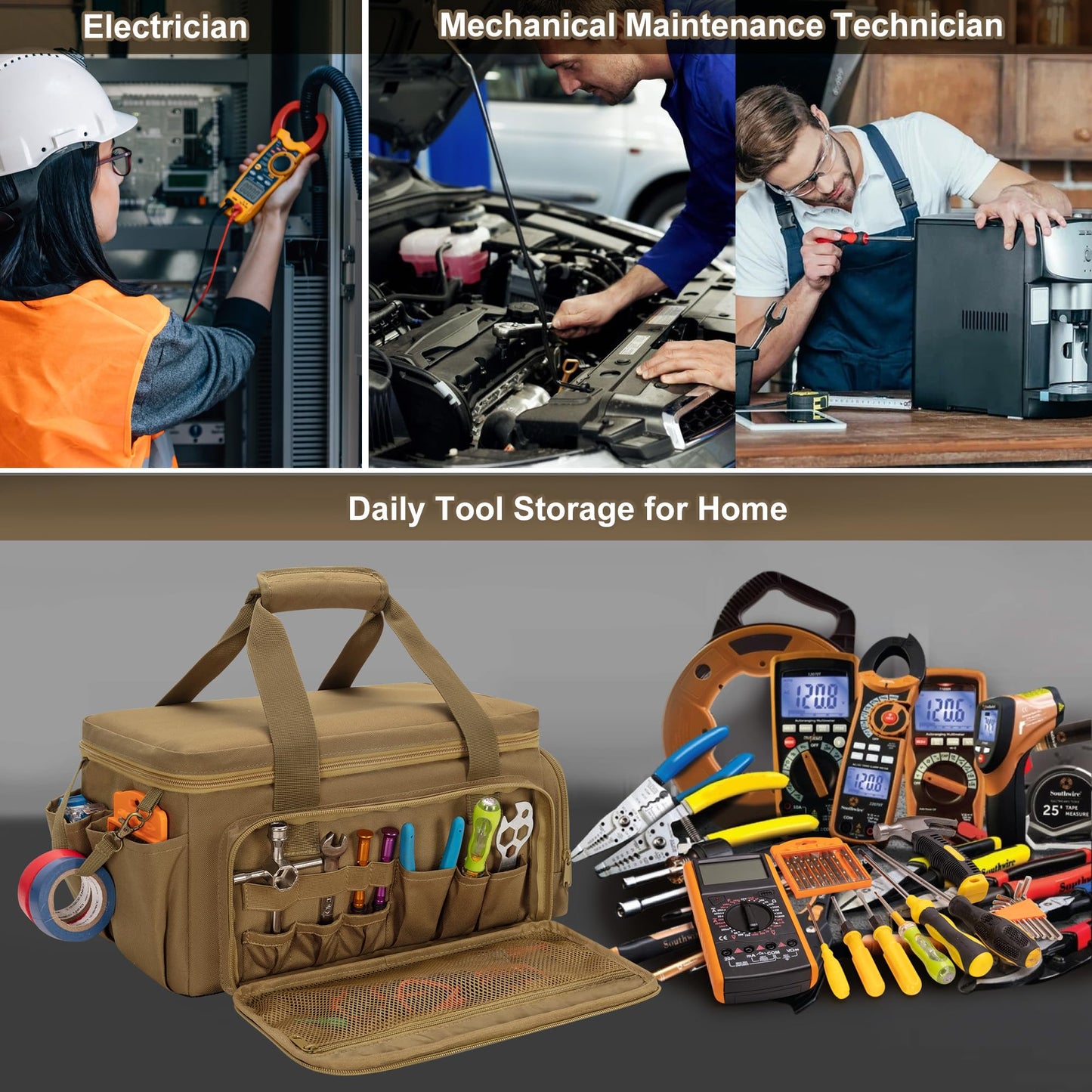 Rexmica 14-Inch Tool Bag with Anti-friction Bottom, Hand Tool Storage Organizer for Men, Tactical Range Bag, Multi-purpose Work Tote for Repairman, Carpenters, Handyman, Khaki