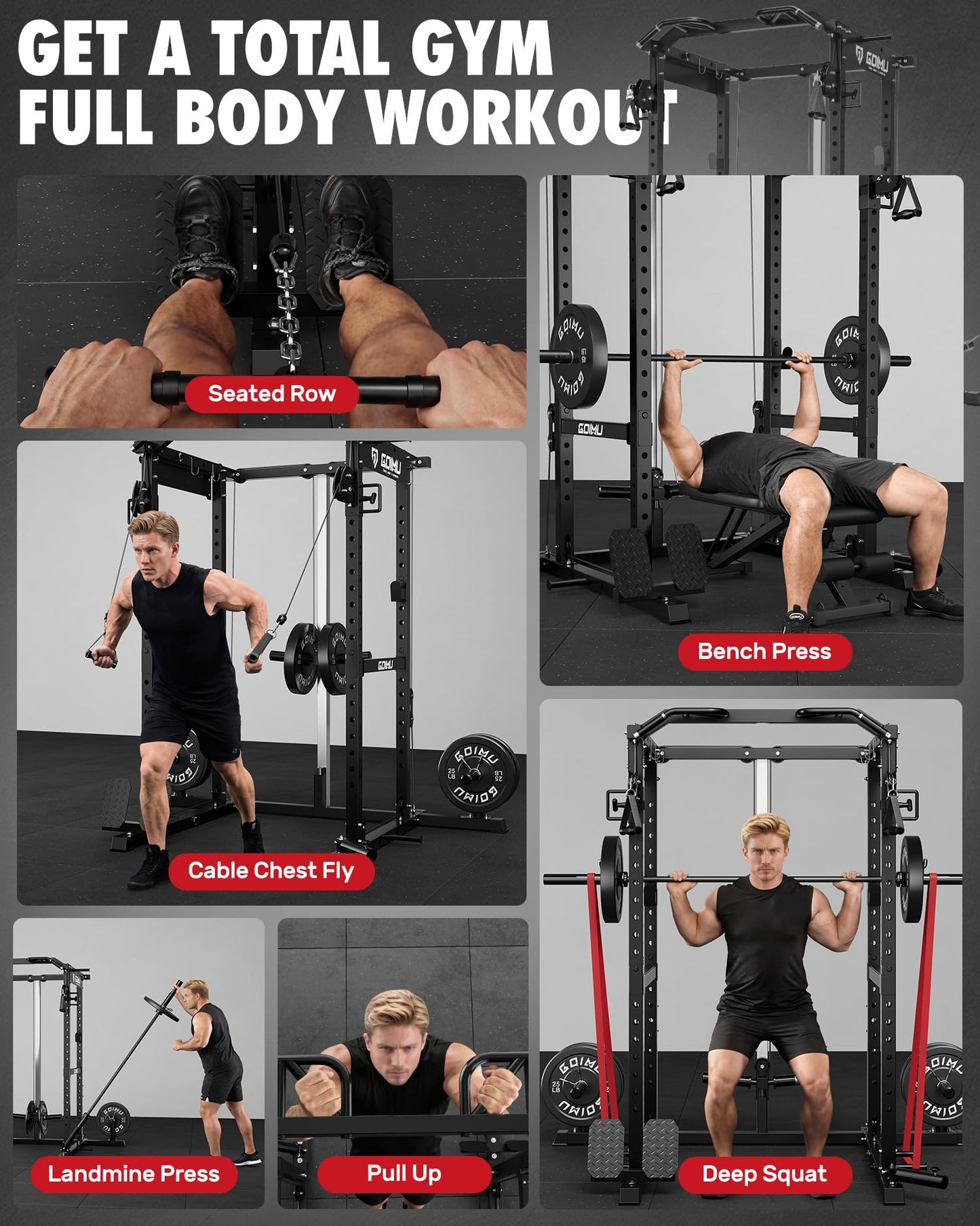 GOIMU RH01 Power Cage Rack, 2000LBS Squat Rack with with Cable Crossover System&LAT Pull Down System, Multi-Function Workout Cage for Home&Garage Gym (Black, RH01 Power Cage)
