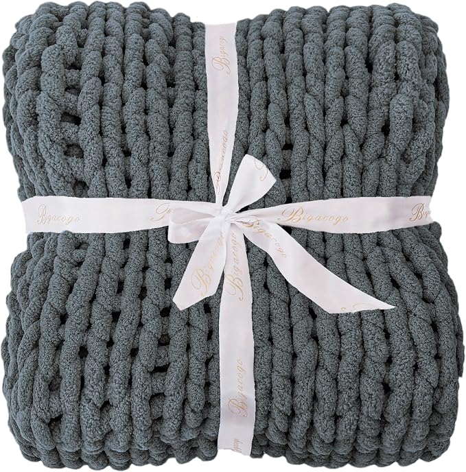 Bigacogo Chunky Knit Throw Blanket for Couch, 40x80 inches, 100% Hand Knitted with Thick Jumbo Chenille Yarn, Cozy Soft Large Rope Knot Cable Crochet Blankets for Sofa Bed Living Room, Iron Gray