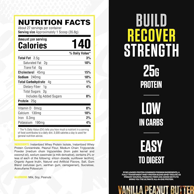 RYSE Loaded Protein Powder - Vanilla Peanut Butter - 25g Whey Protein Isolate & Concentrate with Prebiotic Fiber & MCTs - Low Carb, Low Sugar, Digestive-Friendly - 27 Servings / 2 lb Tub