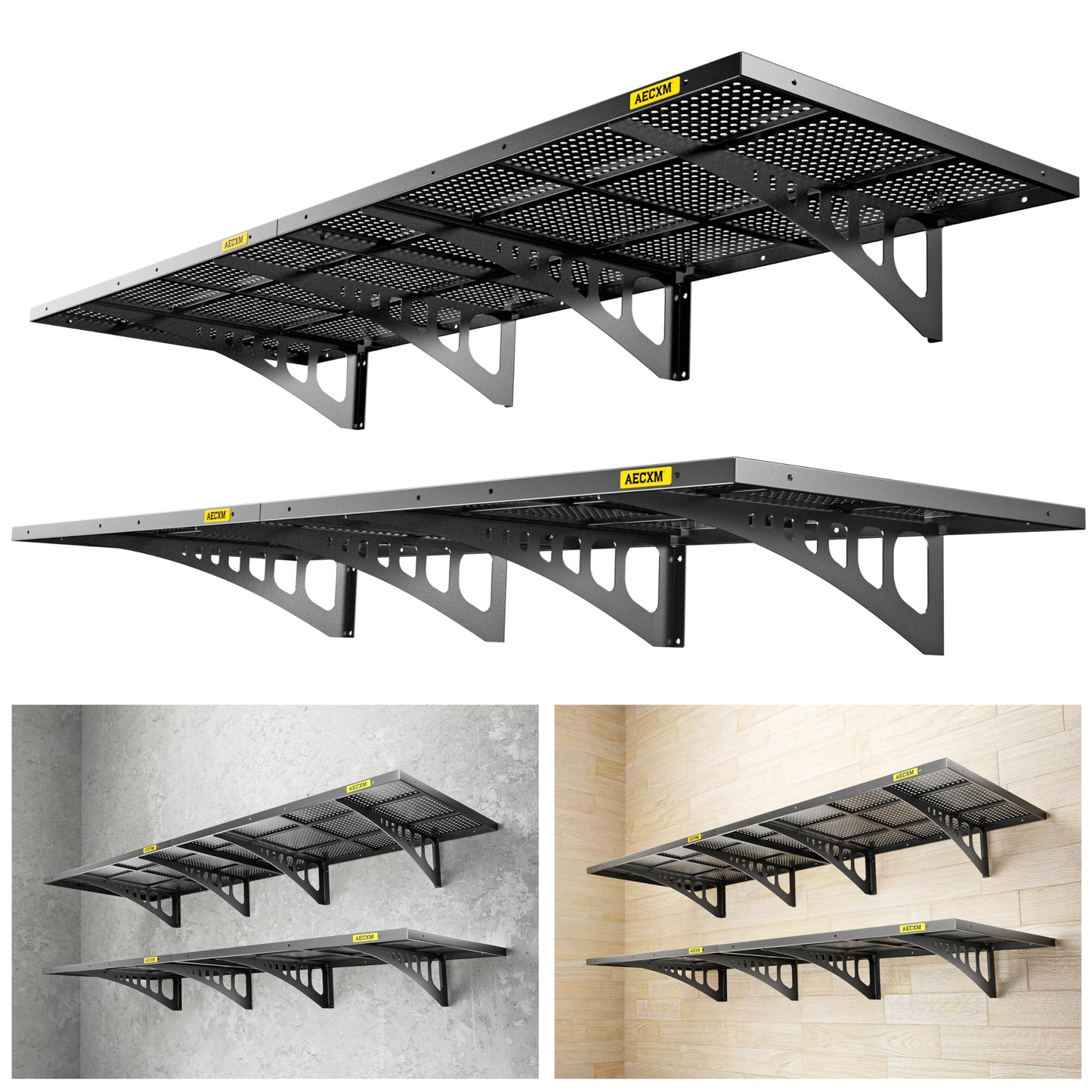 Aecxm 4-Pack 2x3ft Adjustable Garage Wall Shelving 1120lbs Load Capacity Heavy Duty Wall Mounted Storage Shelf Metal Floating Shelves for Garage(Black)