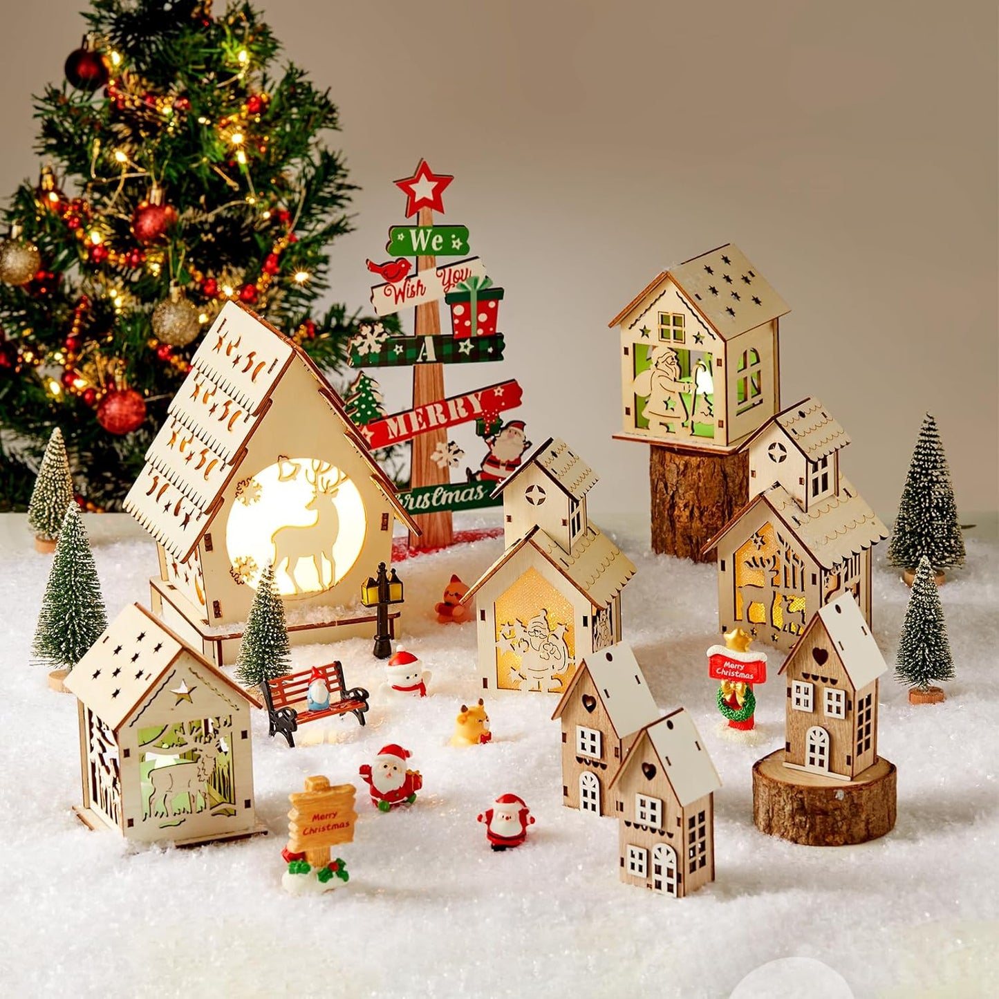 Skiennix 29-Piece Christmas Village Set - Lighted Wooden Houses & Miniature Trees for DIY Crafts