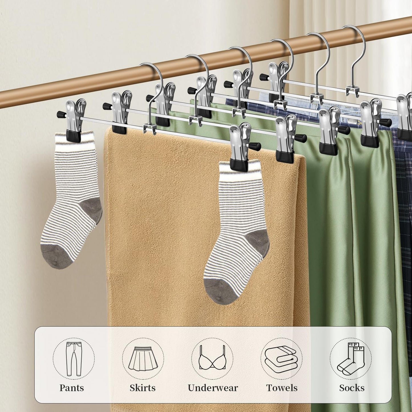 Skiennix Pants Hangers with Clips - Adjustable Non-Slip Skirt & Trousers Hangers | 30 Pack, Black, 12 Inch