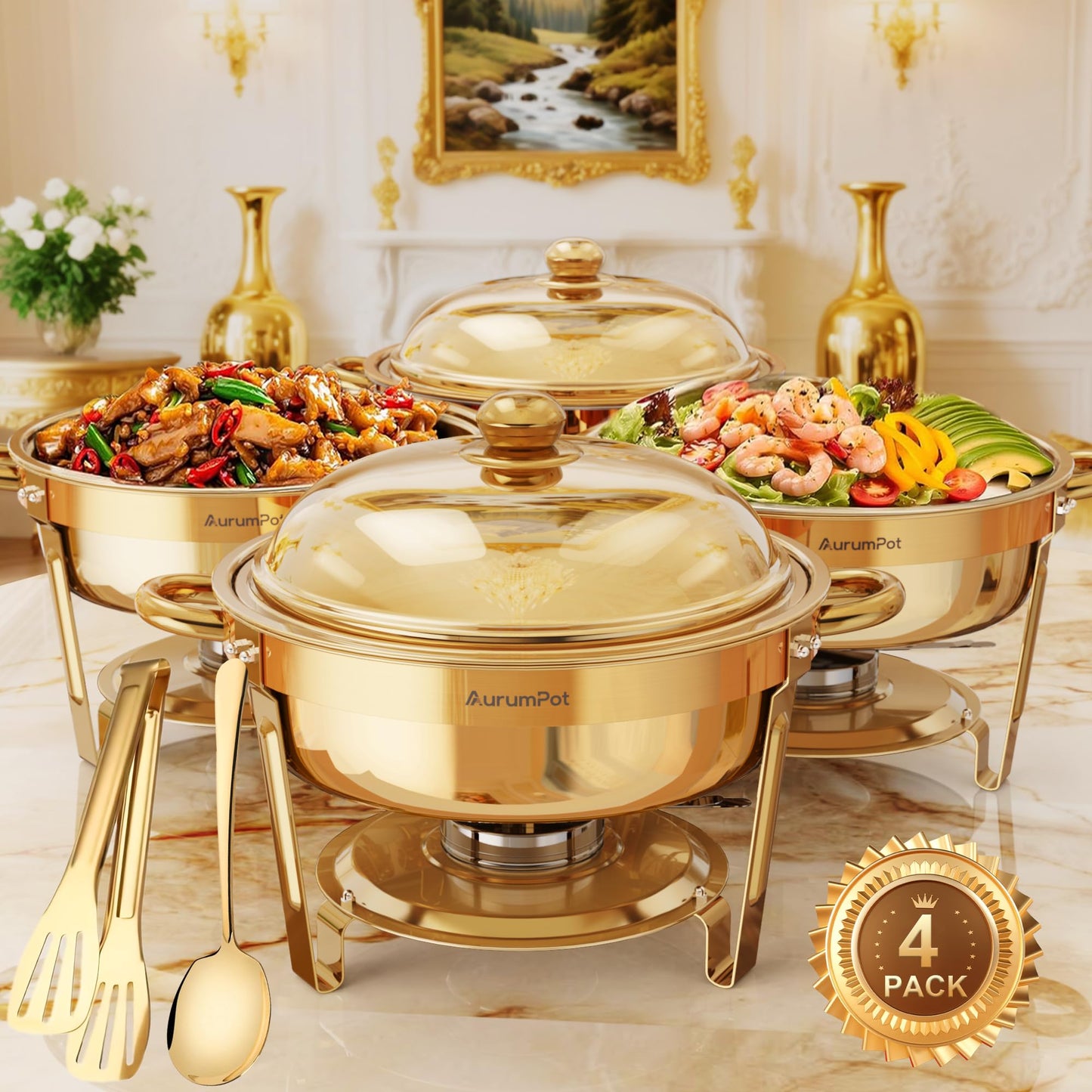 AurumPot Chafing Dishes for Buffet 4 Pack, 6QT Food Warmers for Parties Buffet, Christmas Gatherings [Elegant All-Gold Colors] Stainless Steel Round Chafing Dish Buffet Set,Buffet Servers and Warmers