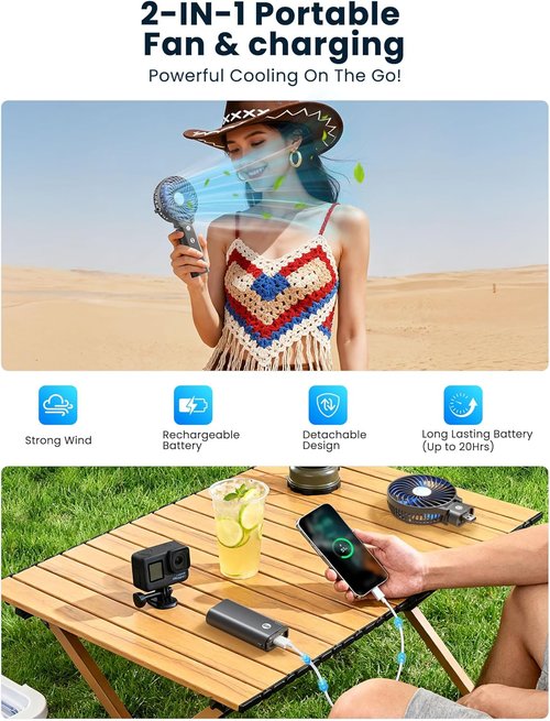 HandFan Portable Handheld Fan - Rechargeable 5200mAh Battery, 3 Speeds, 20H Runtime | Ideal for Travel & Summer (Black & Blue)