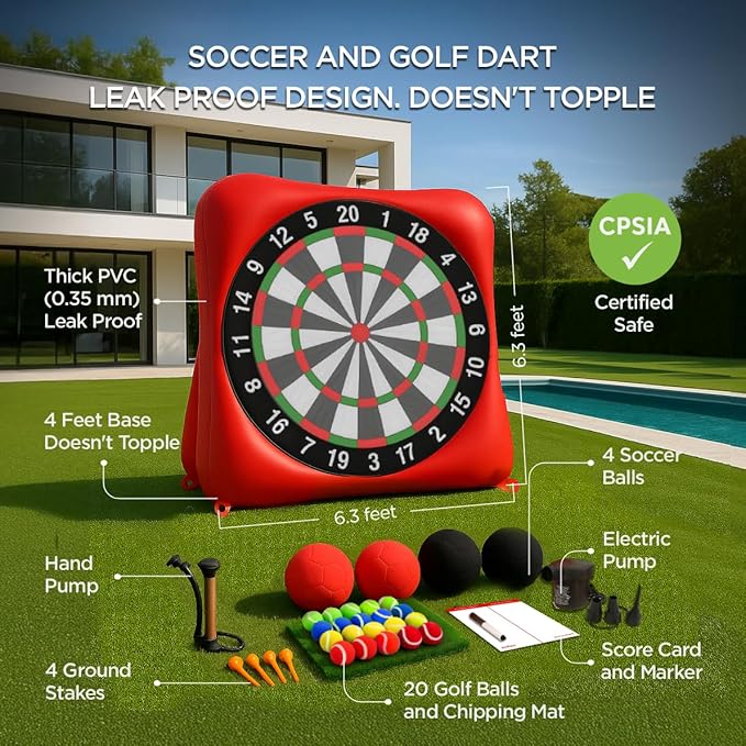 Inflatable Soccer Dart Board and Golf Darts Giant Kick Target Yard Game for Adults Kids Outdoor Backyard Parties with 4 Soccer Balls 20 Golf Balls Chipping Mat Pumps Scorecard Red Color 6.3 Feet