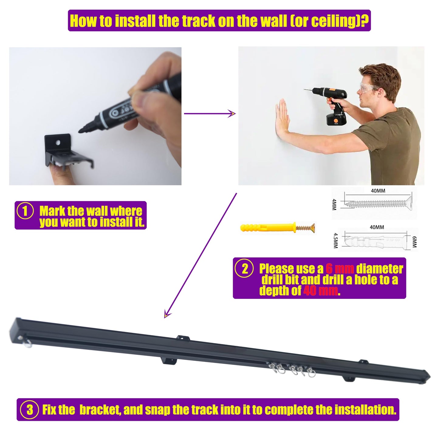 Ceiling Curtain Tracks Wall Mounting Curtain Rails Room Divider Sliding Curtain Rail With Silent Bearing Pulley (Black-2M(1M*2）)