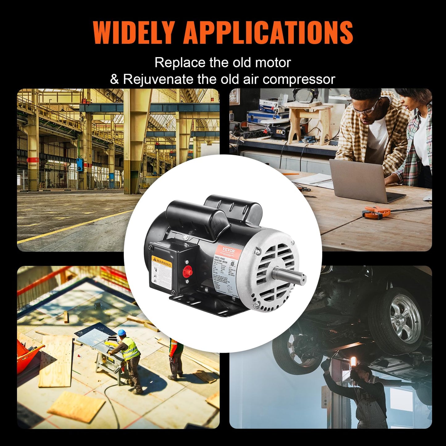 VEVOR 5HP Air Compressor Electric Motor, 230V 25 Amps, 56HZ Frame 3450RPM, 7/8" Keyed Shaft, 2.25" Shaft Length, Single Phase, CCW/CW (Factory Setting is CCW)