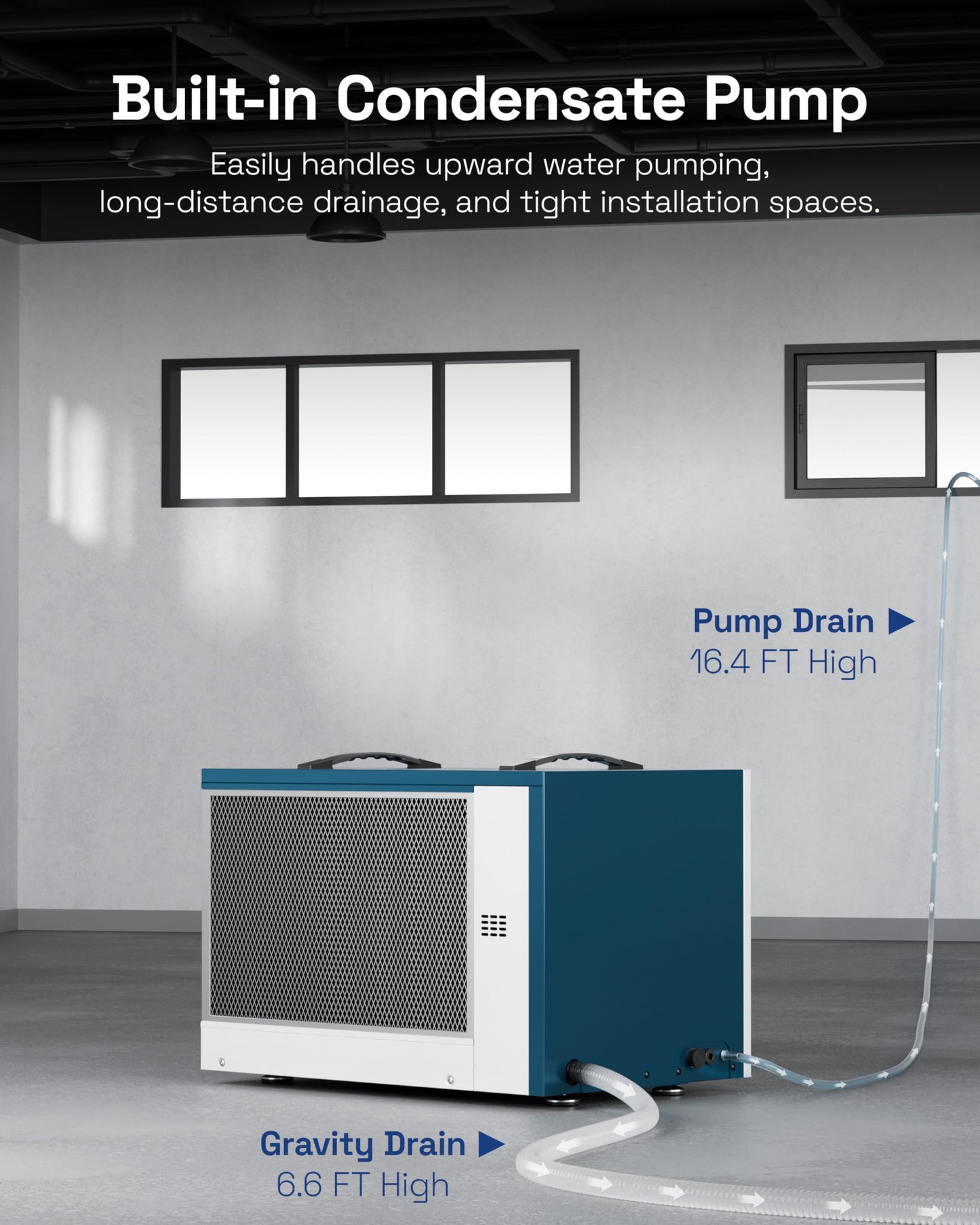 HBN Crawl space Dehumidifier 125 Pints with Pump and Drain Hose, Industrial Dehumidifier for Basement and Commercial up to 5900 Sq. Ft, Large Capacity, Built-in 24-Hour Timer