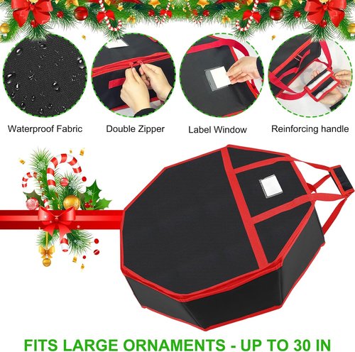 Christmas Wreath Storage Box - 30 Inch Hard Shell with Interior Pockets & Dual Zippers | Black