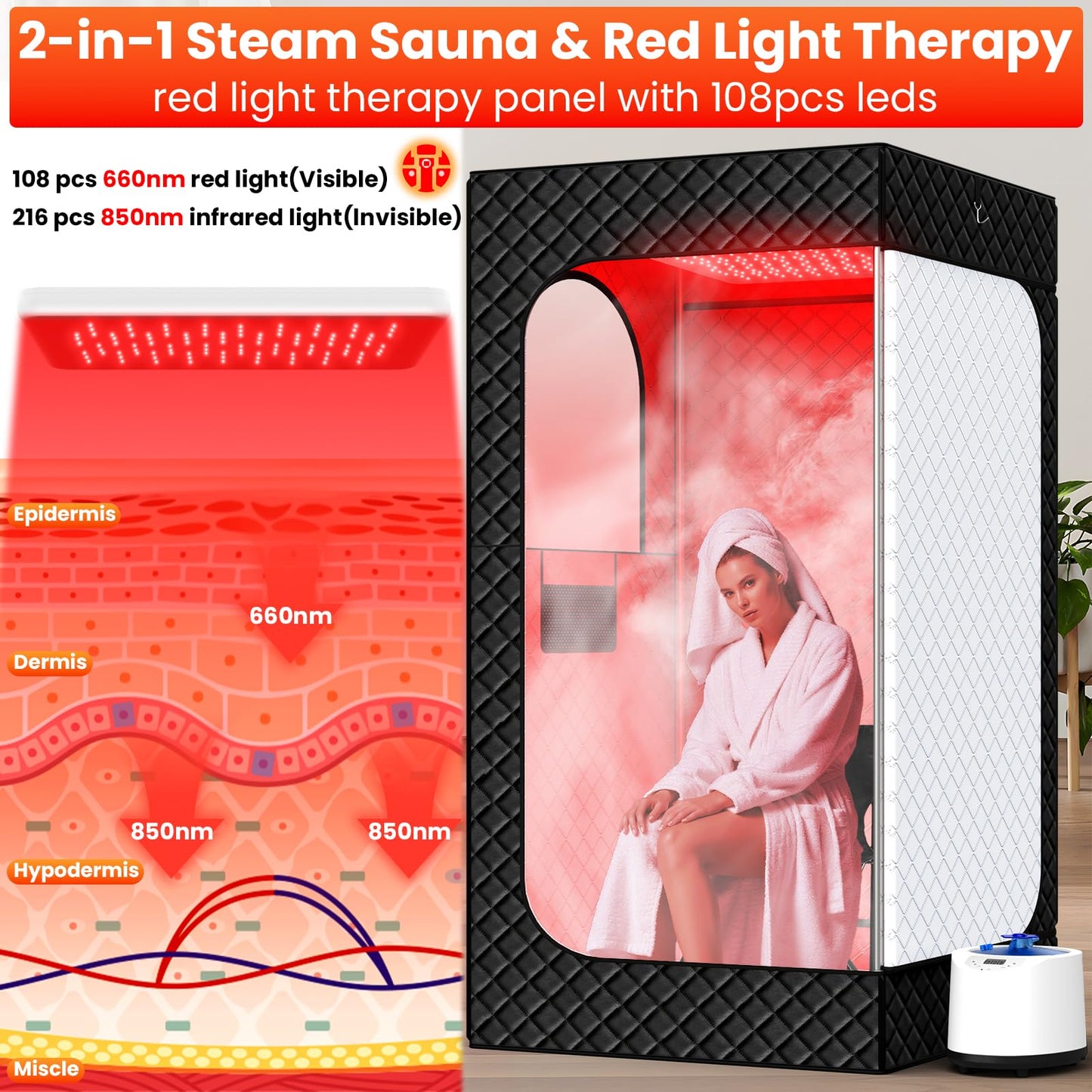 Portable Infrared Sauna Box for Home, Full Body Steam Sauna Tent with 660nm & 850nm Red Light Therapy Lamp, 3L 1200W Fast-Heating Steamer, Adjustable Temp & Remote Control for Relaxation, Detox