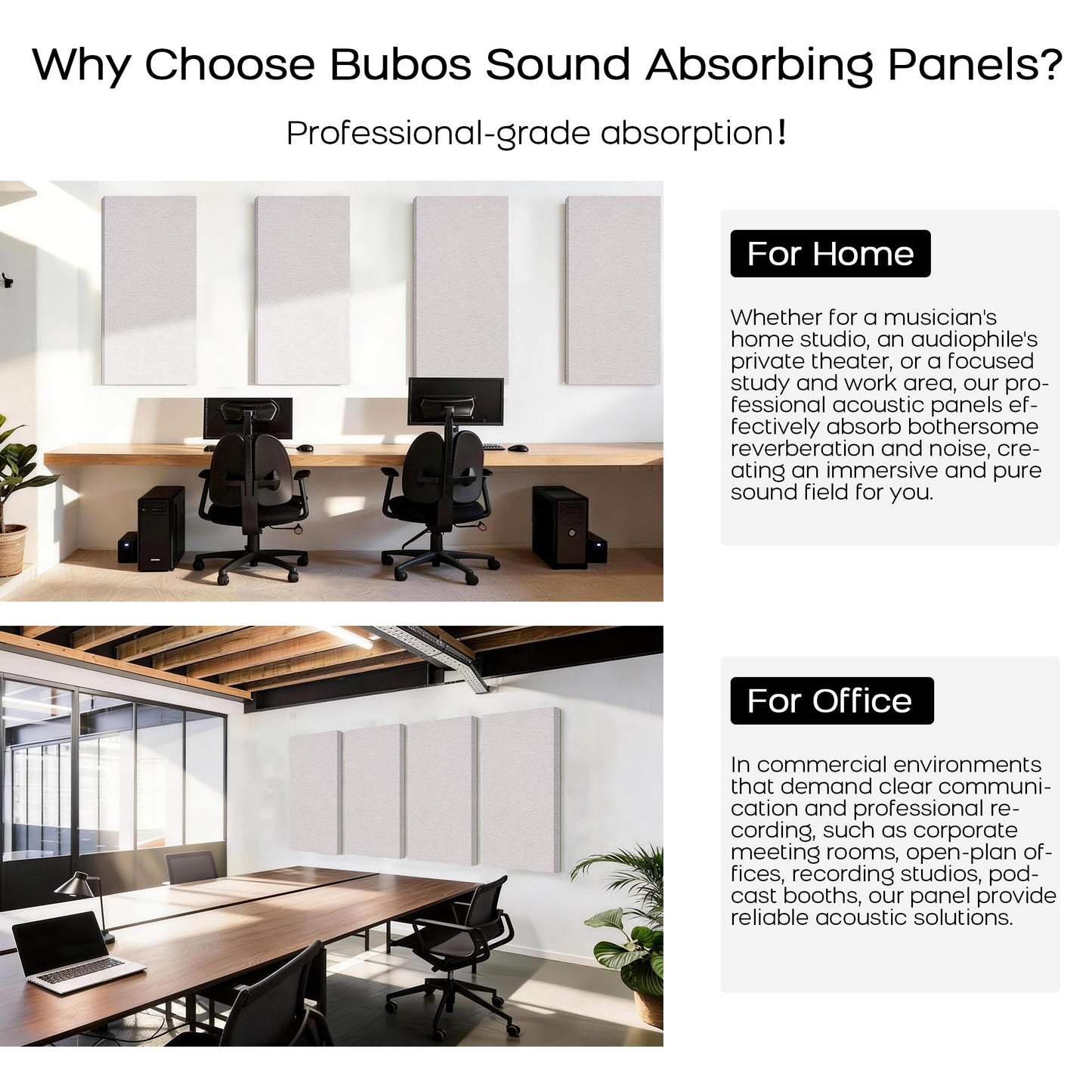 BUBOS 2-Pack Fabric Acoustic Panels with Hanging Hardware, 47.2" x 23.6" x 2" Large Soundproofing Wall Panels, High-Density Sound Absorbing Decor for Home Theater, Studio & Office,Linen
