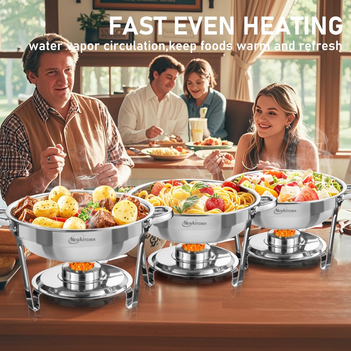 NEWKITCHEN Chafing Dishes for Buffet 4 Pack, 5 QT Round Chafing Dishes for Buffet [Elegant Silver Colors] Stainless Steel Chafing Dish Buffet Set for Any Party
