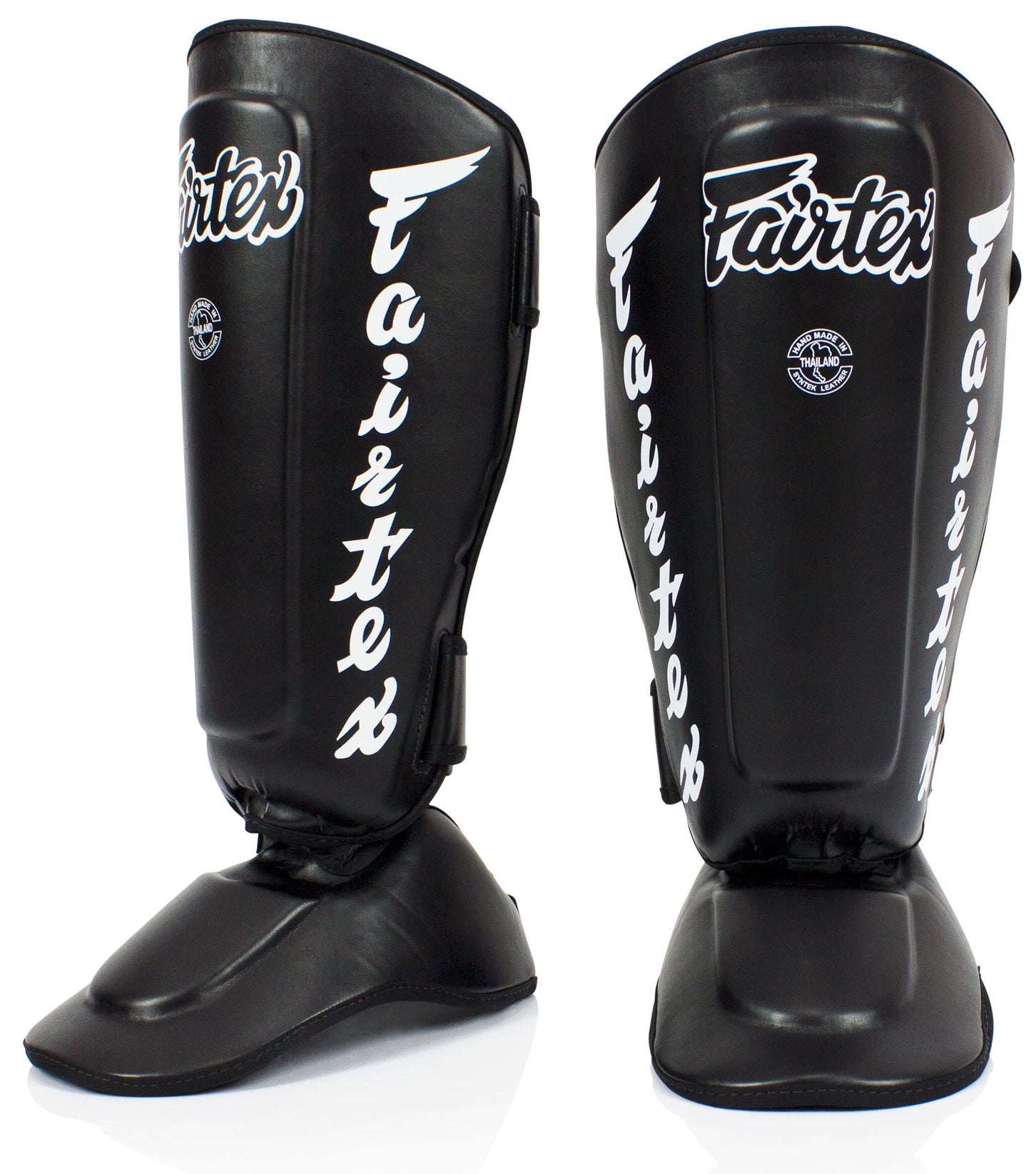 Fairtex SP7 Muay Thai Shin Guards for Men, Women, Kids | Shinguards Made with Syntek Leather & are Premium, Lightweight & Durable | Detachable shin & Foot Protector- Large, Black